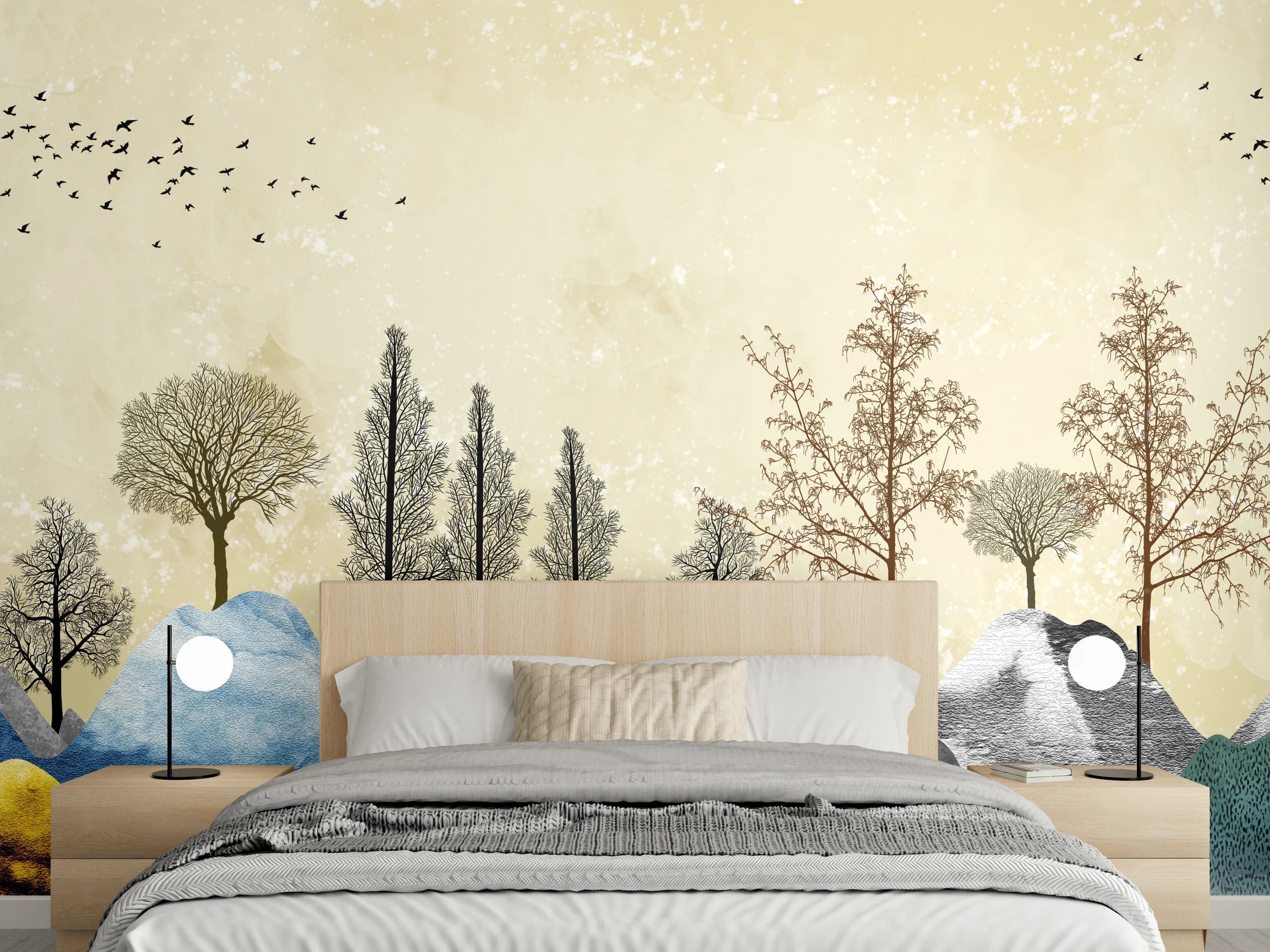 Wandverkleidung Schlafzimmer - Wald-Berglandschaft Aquarell Naturkulisse