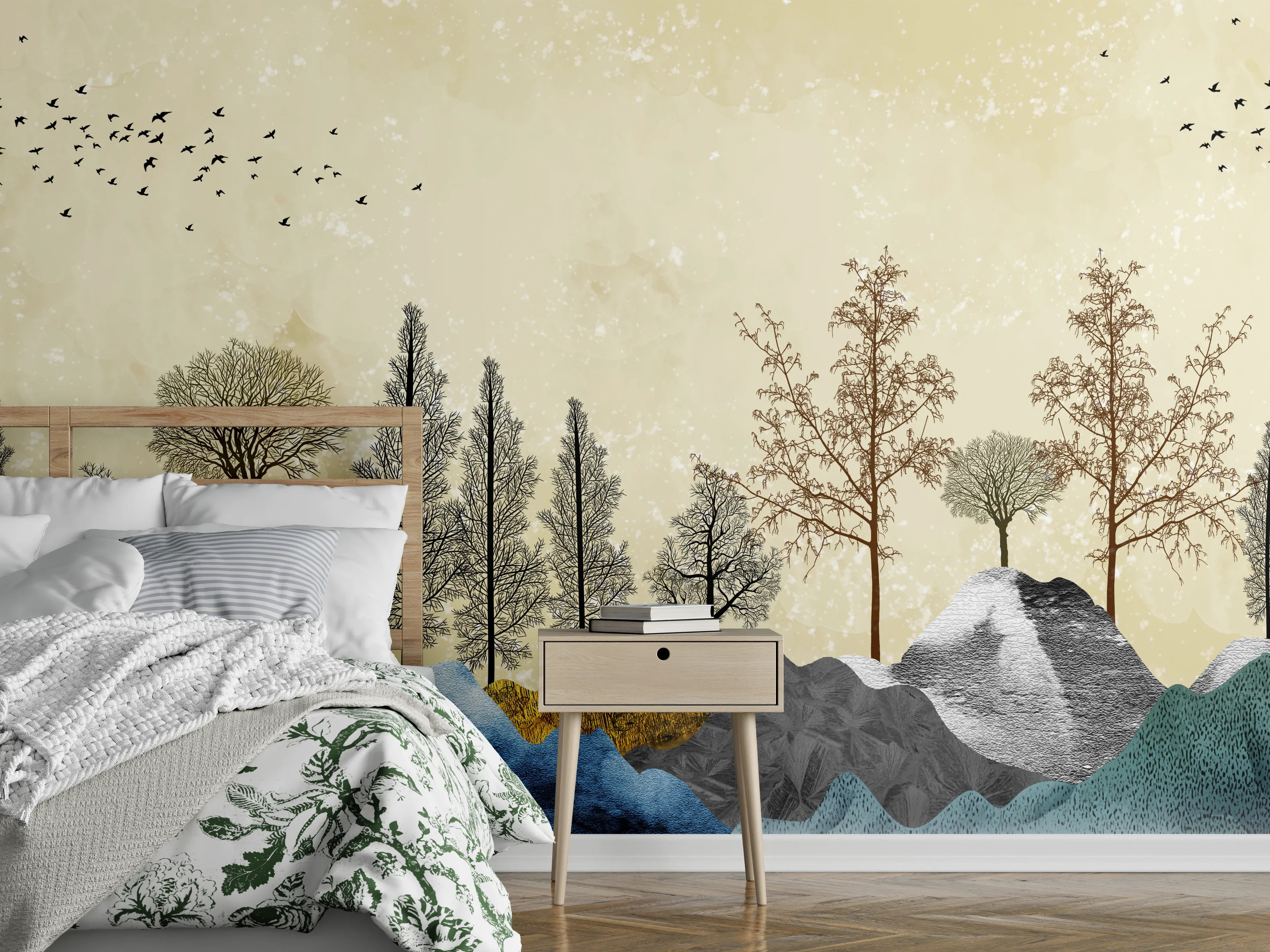 Wandverkleidung Schlafzimmer - Wald-Berglandschaft Aquarell Naturkulisse