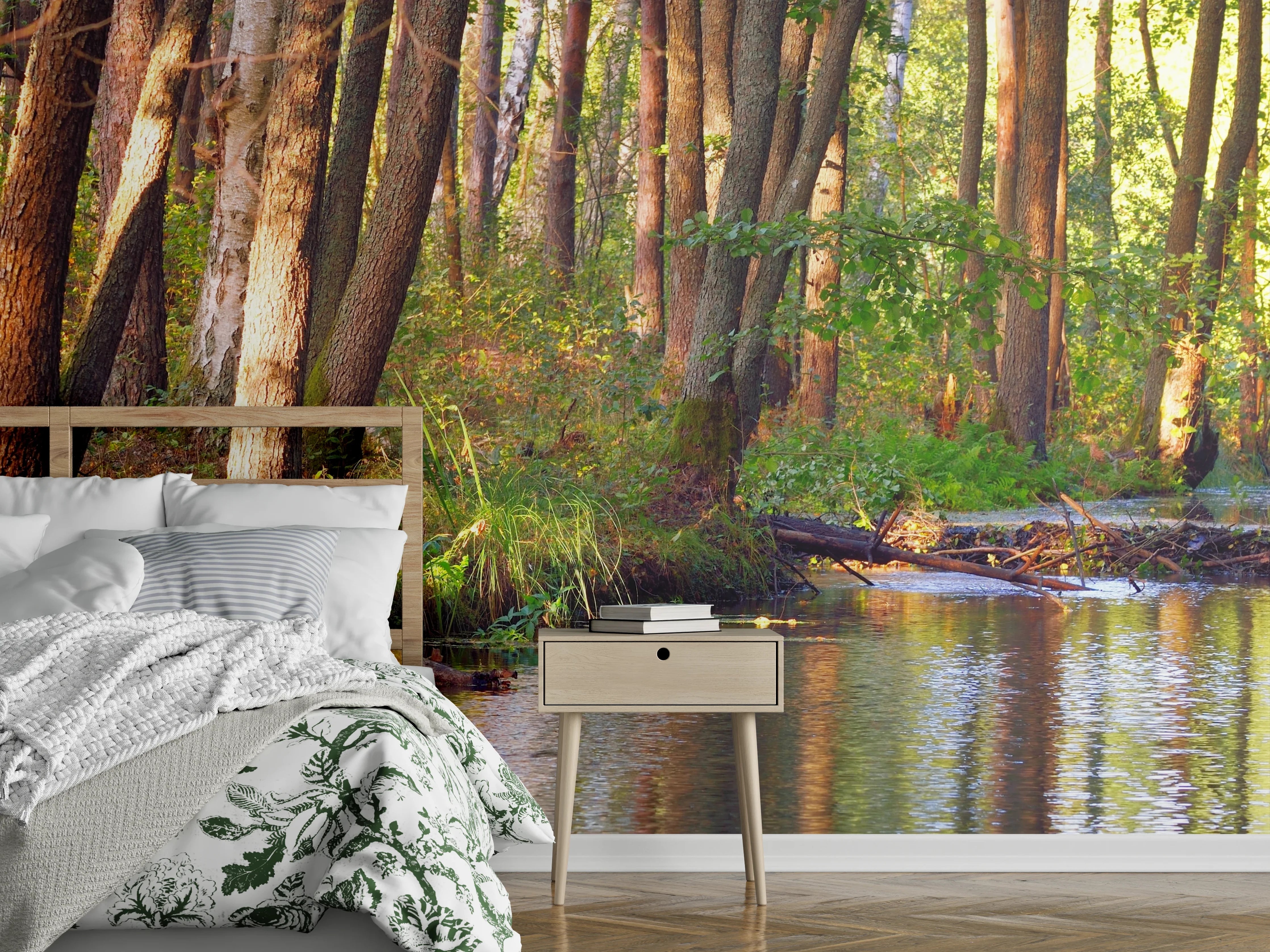 Wandverkleidung Schlafzimmer - Wald am Fluss – Naturidylle