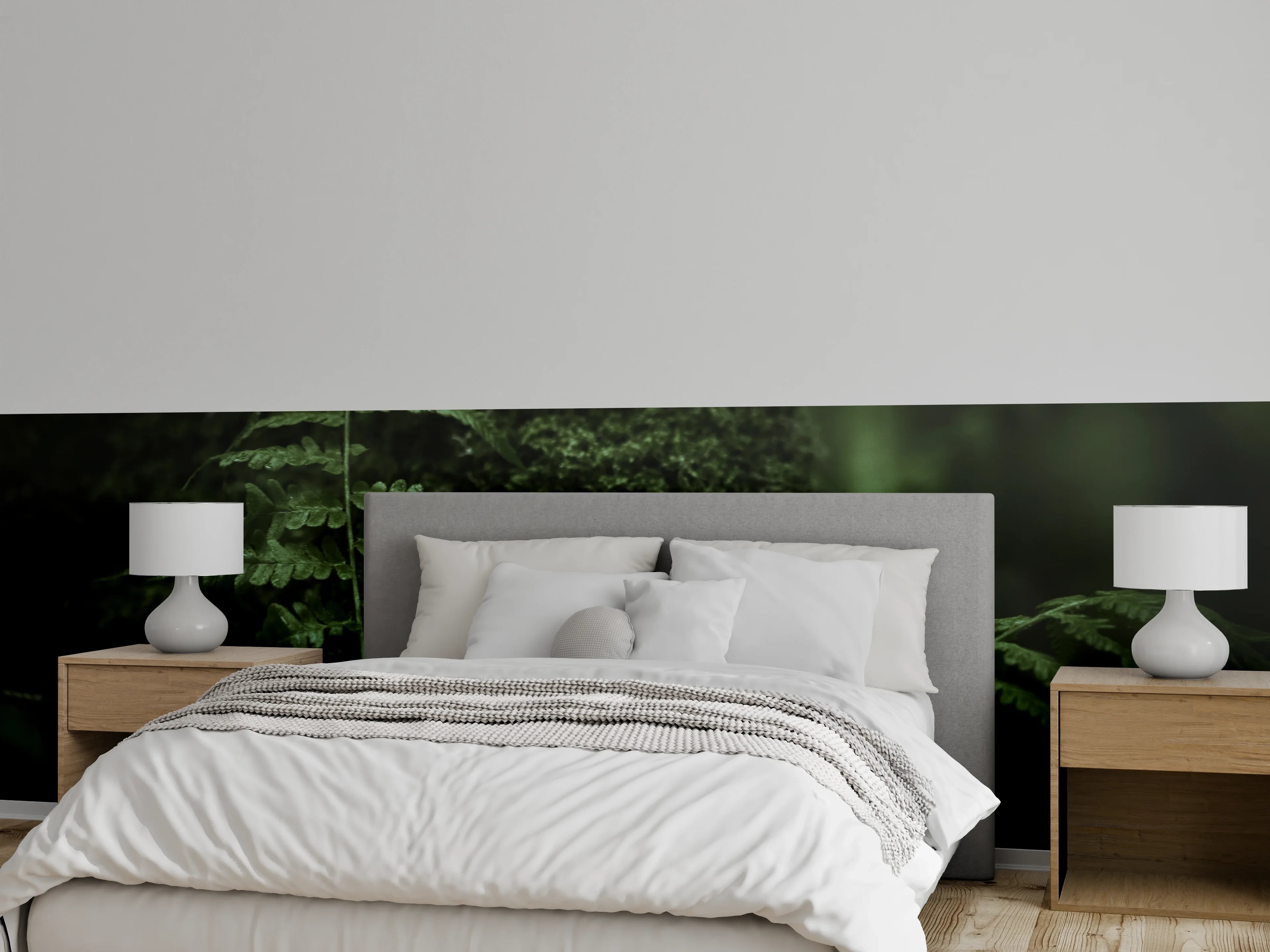 Wandverkleidung Schlafzimmer - Waldgrünes Farnblatt im Dämmerlicht