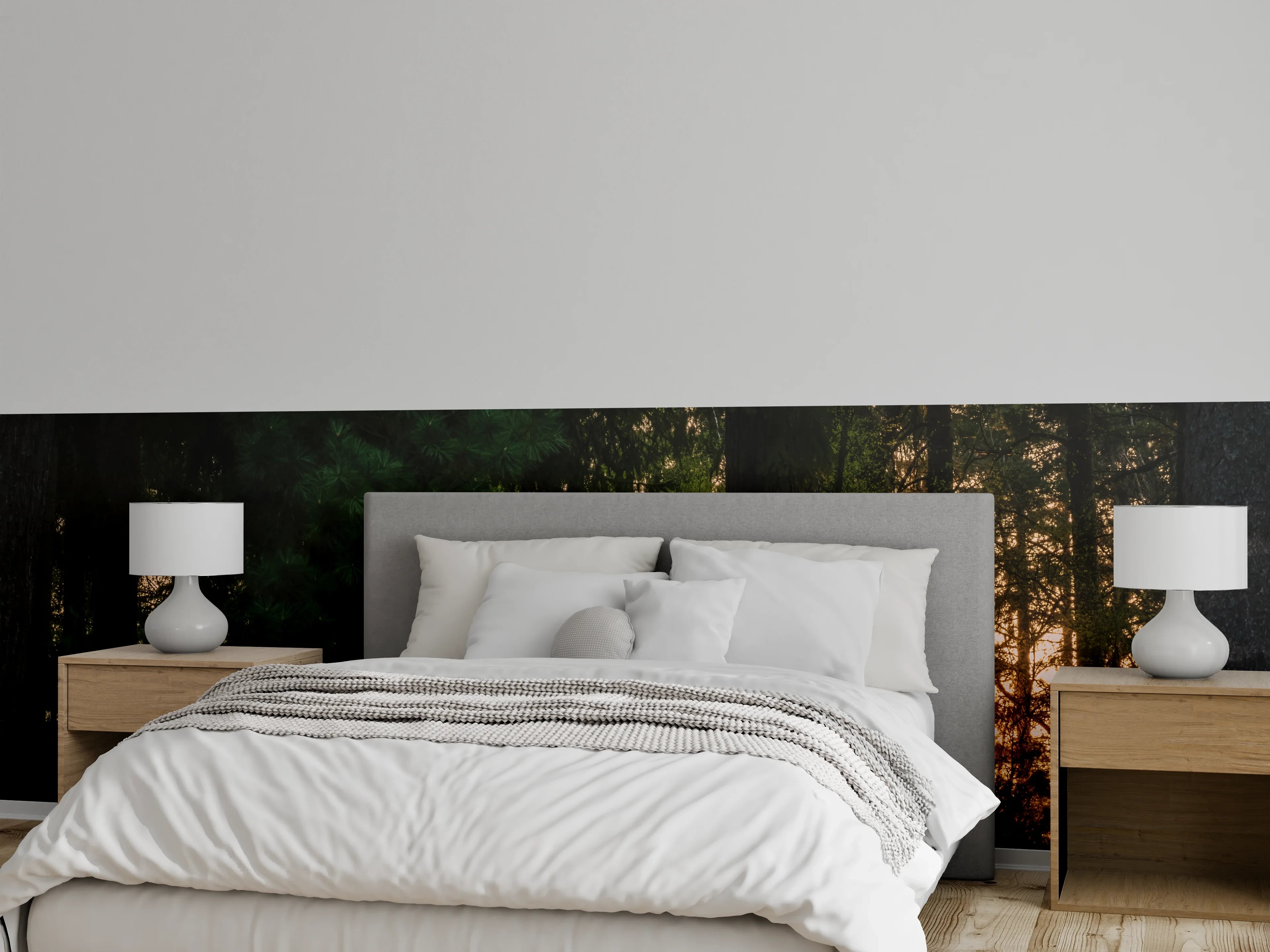 Wandverkleidung Schlafzimmer - Waldidylle Bank Sonnenuntergang Wandbild