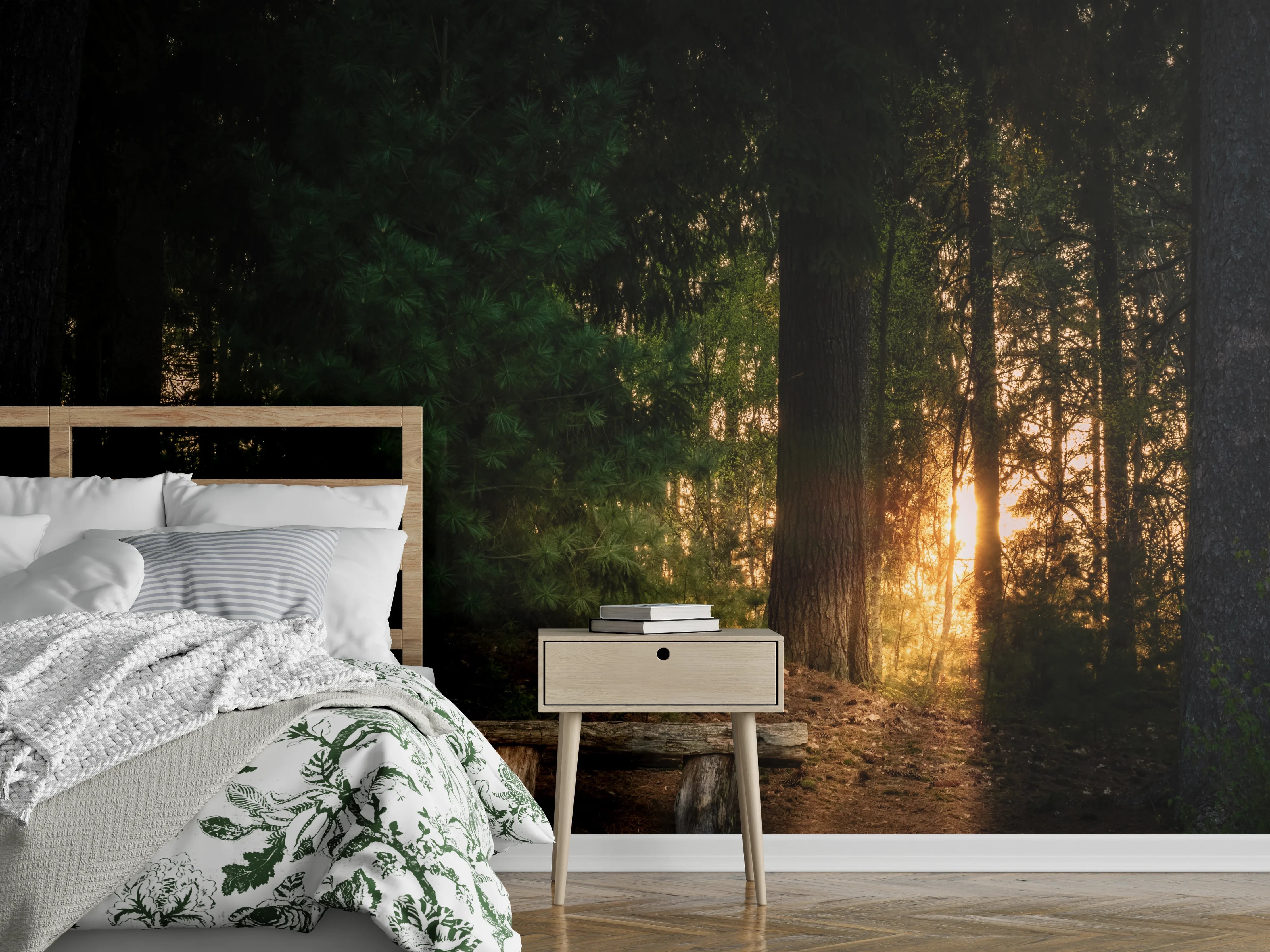 Wandverkleidung Schlafzimmer - Waldidylle Bank Sonnenuntergang Wandbild