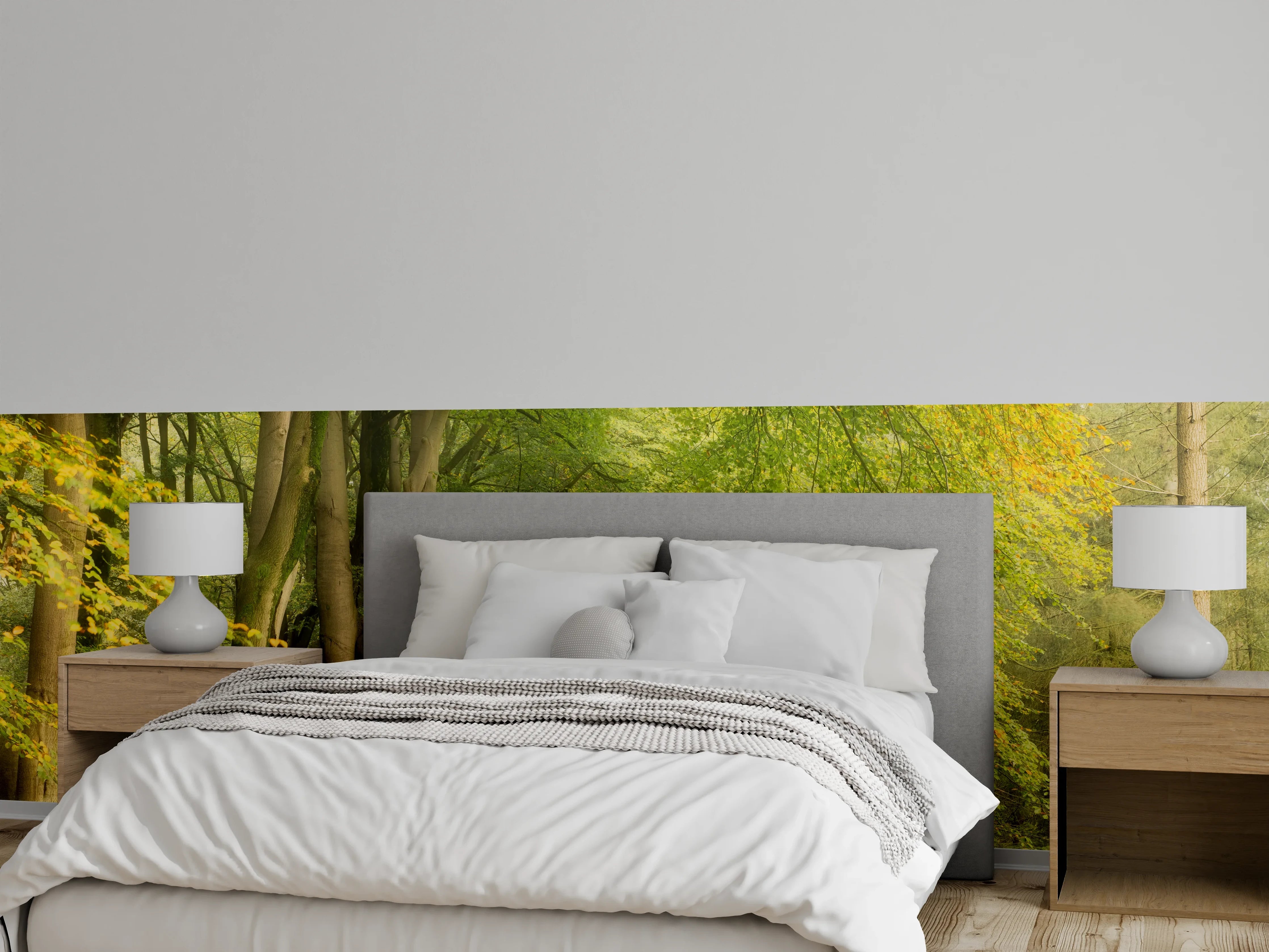 Wandverkleidung Schlafzimmer - Waldweg im Morgenlicht Fototapete