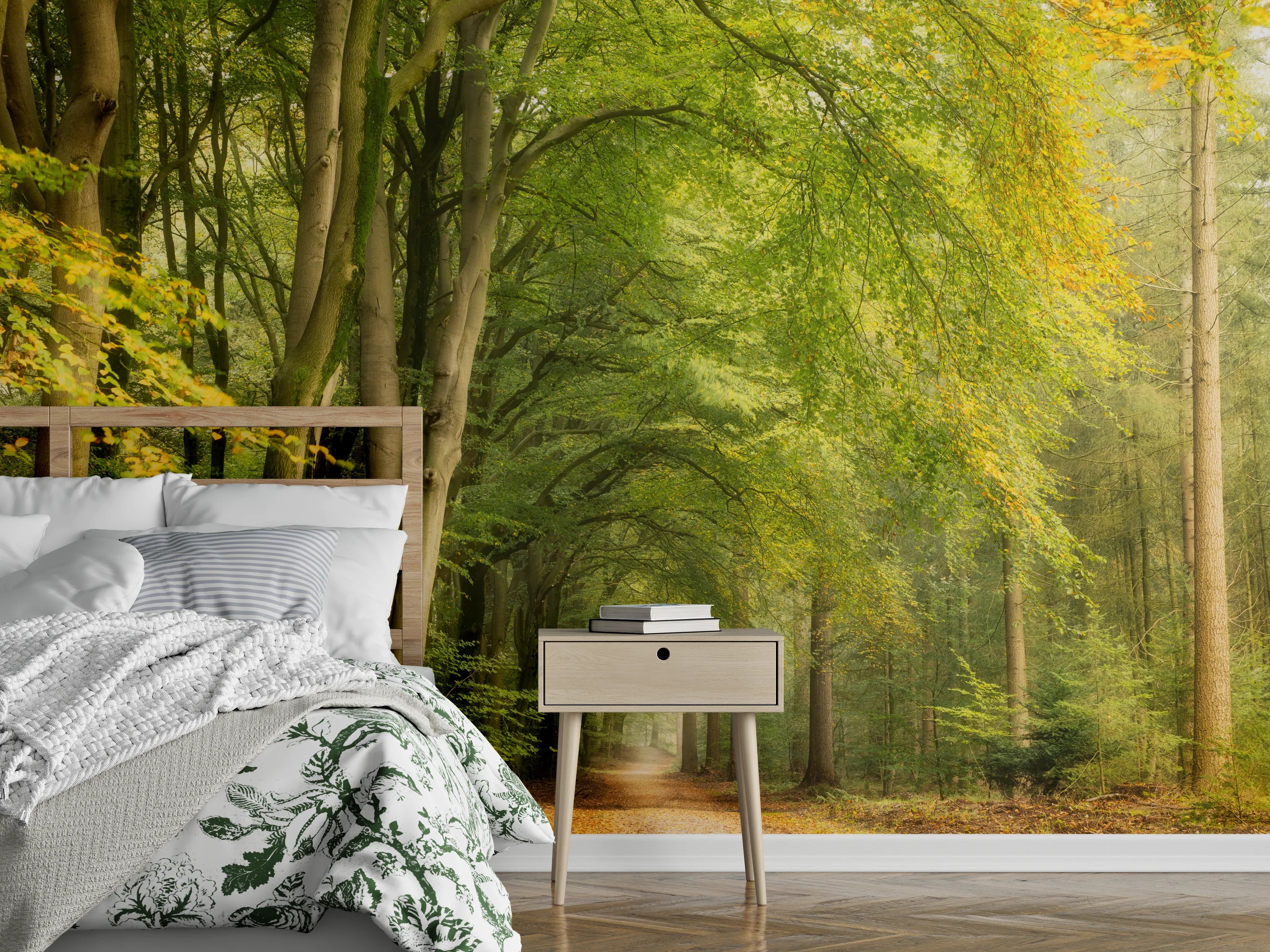 Wandverkleidung Schlafzimmer - Waldweg im Morgenlicht Fototapete