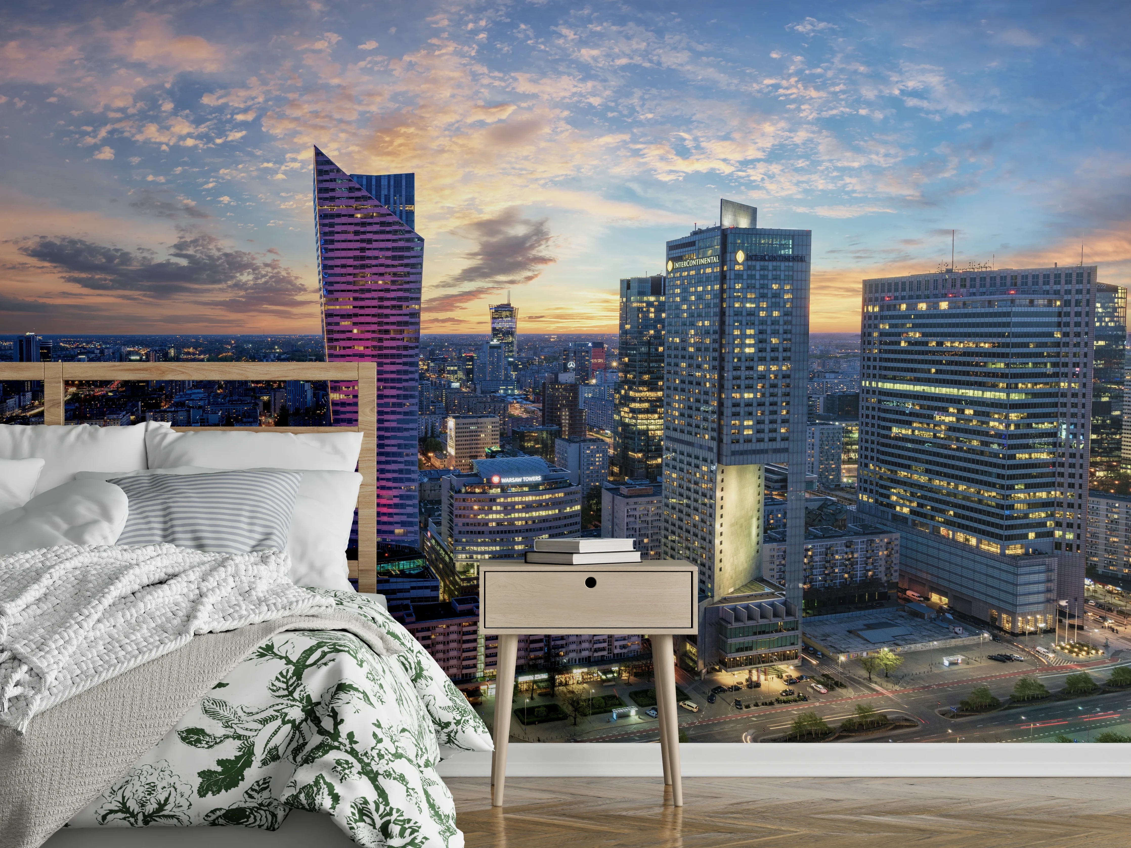 Wandverkleidung Schlafzimmer - Warschau mit modernen Wolkenkratzer bei Sonnenuntergang