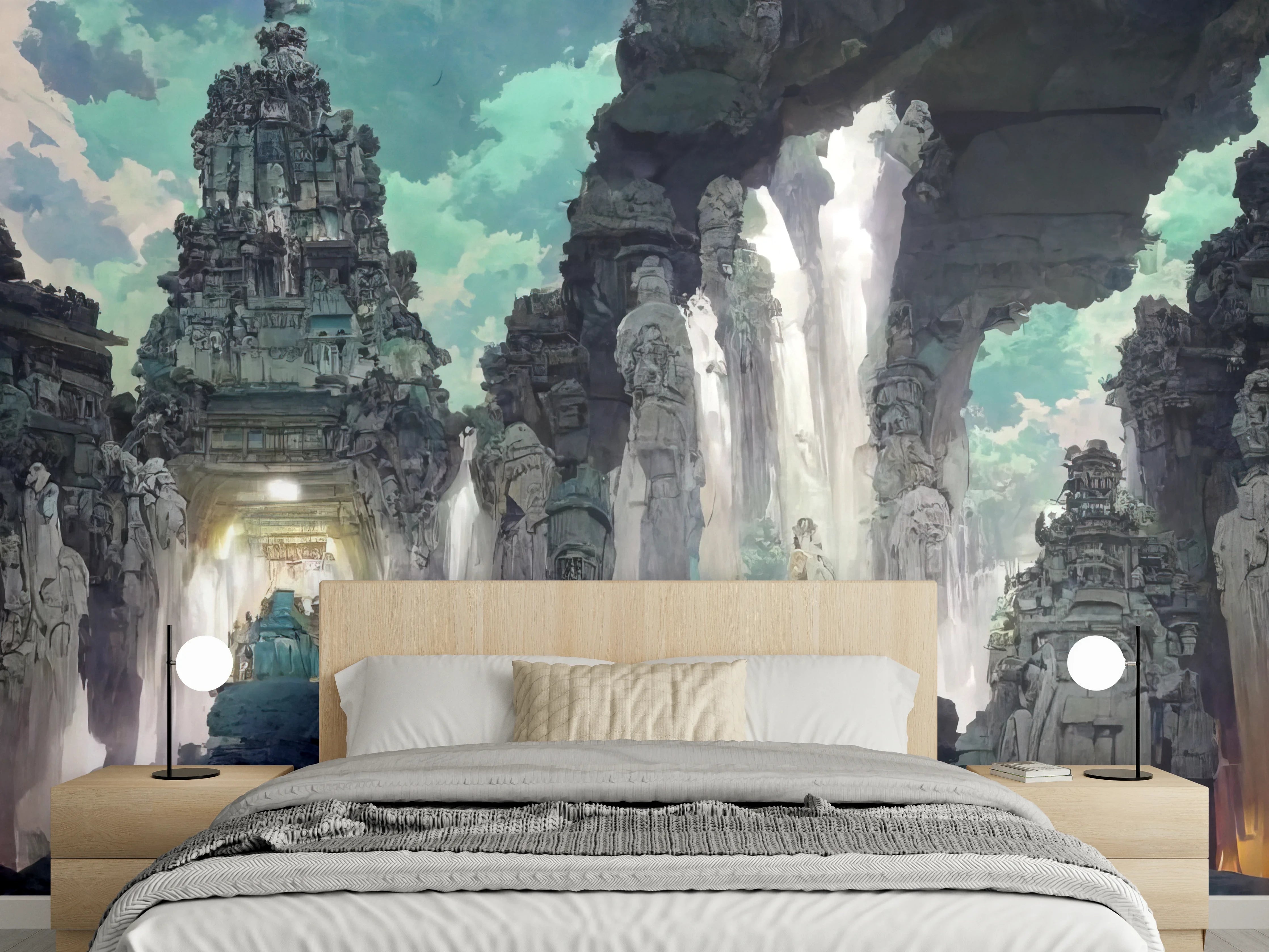 Wandverkleidung Schlafzimmer - Wasserfall in einer Höhle - Zeichnung