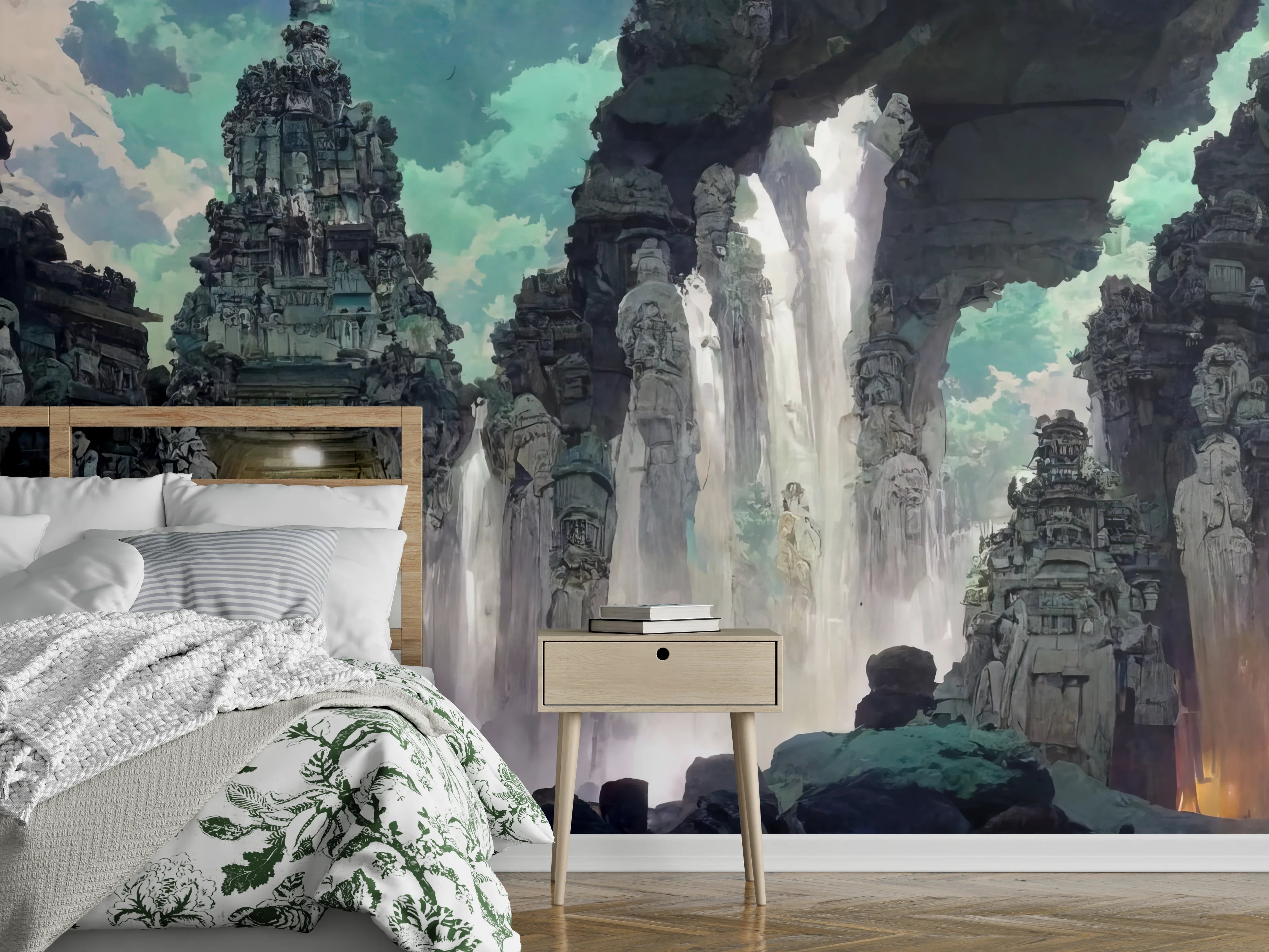 Wandverkleidung Schlafzimmer - Wasserfall in einer Höhle - Zeichnung