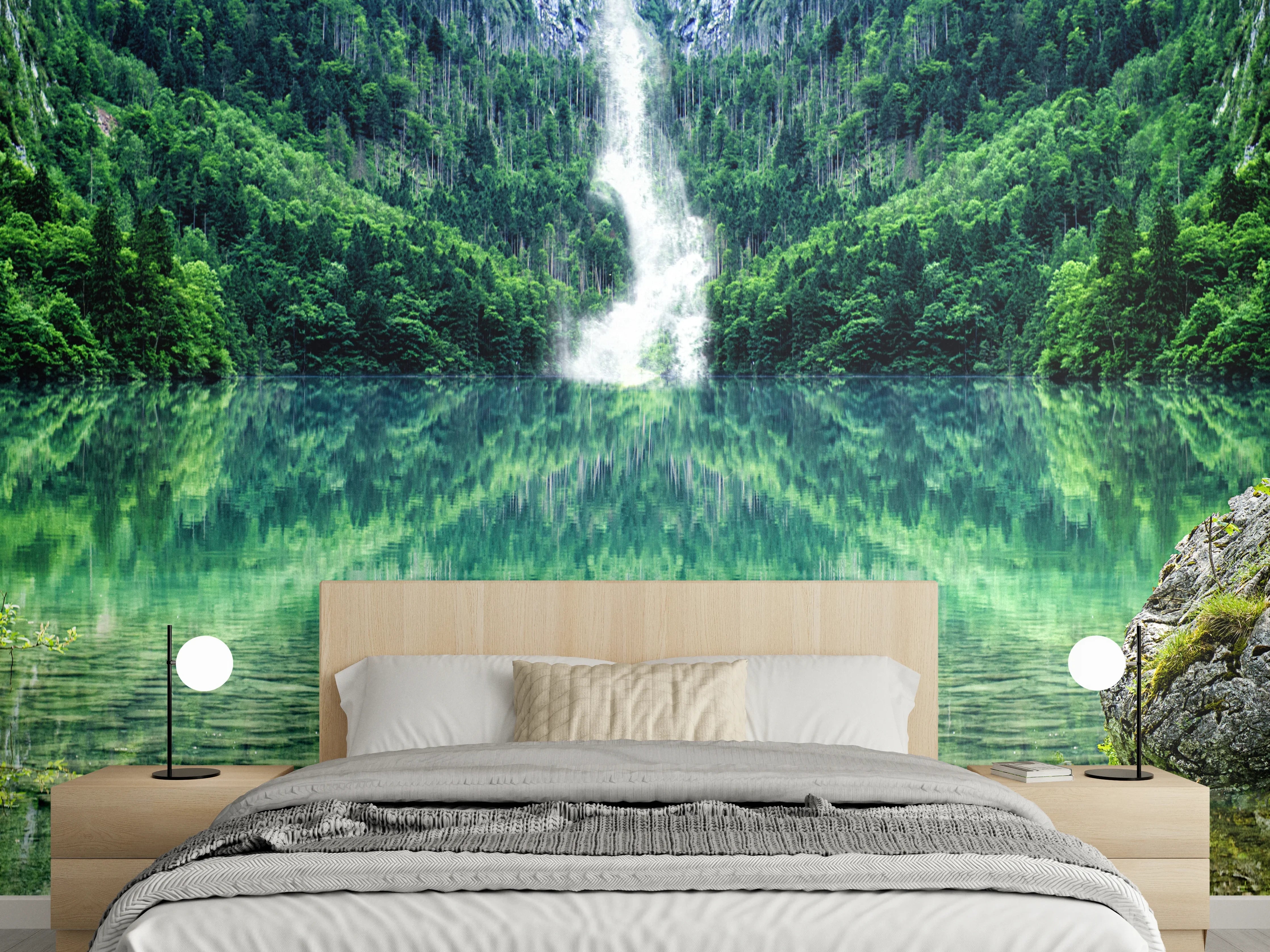 Wandverkleidung Schlafzimmer - Wasserfall und See Naturidylle