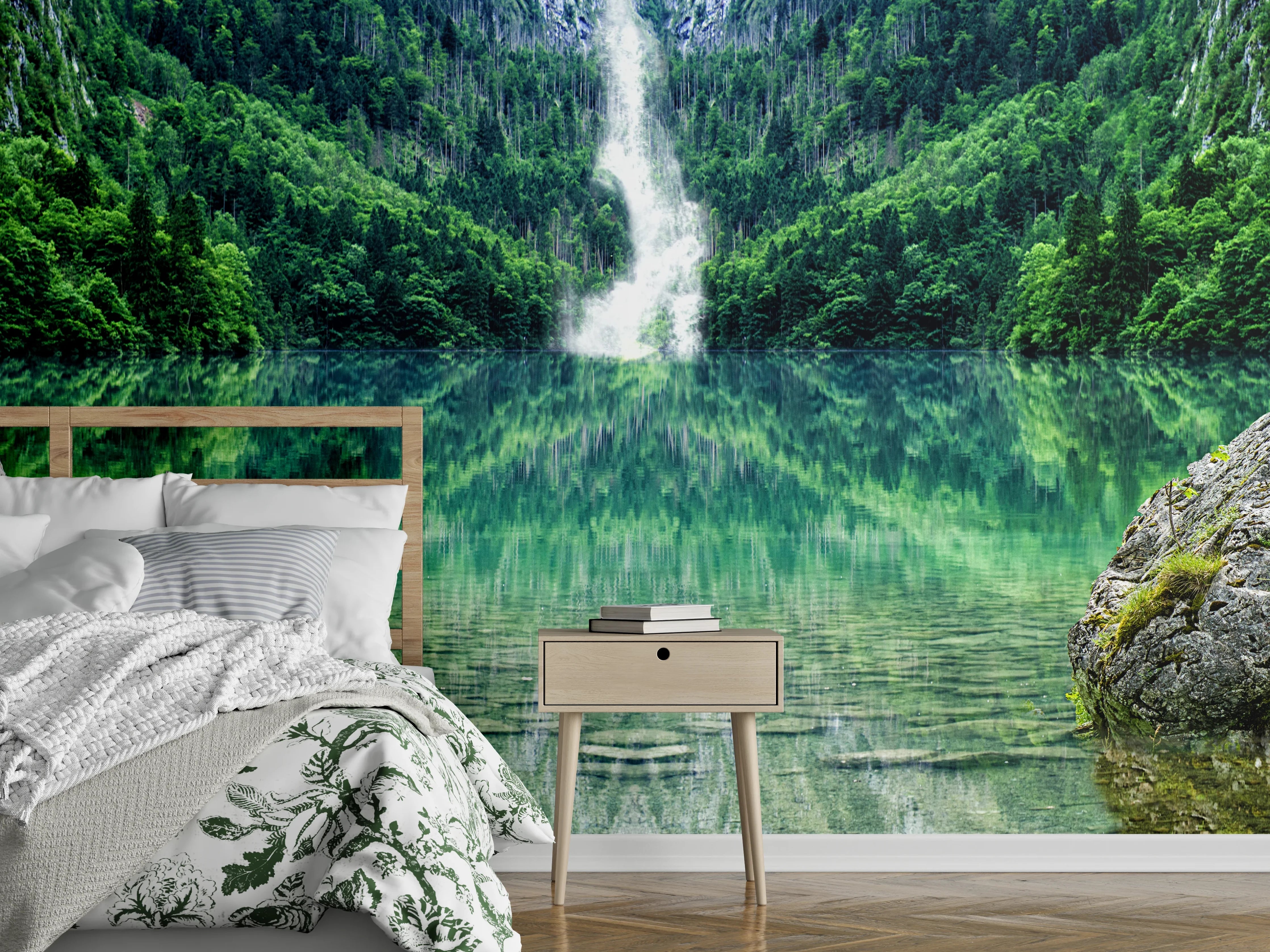 Wandverkleidung Schlafzimmer - Wasserfall und See Naturidylle