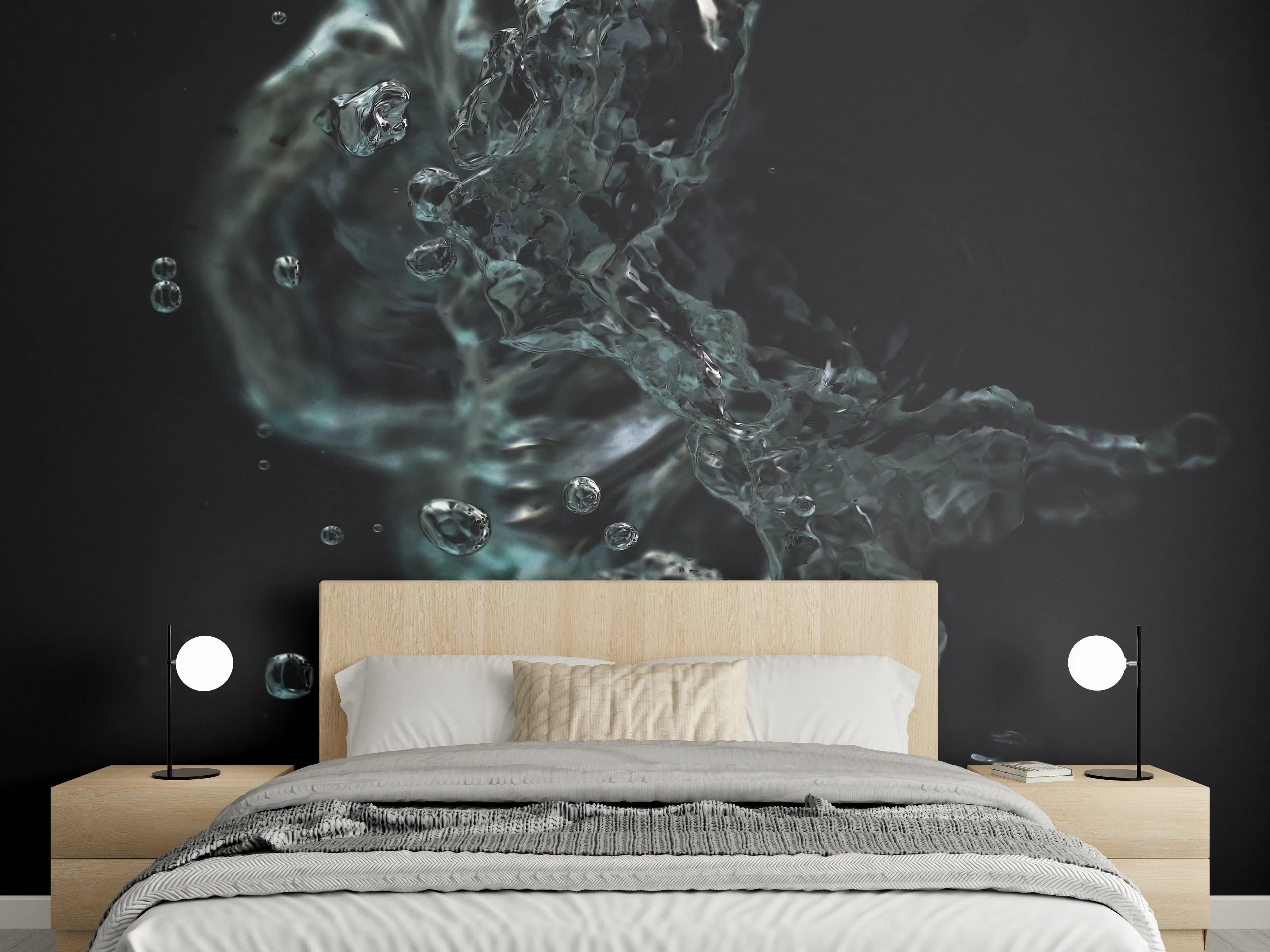 Wandverkleidung Schlafzimmer - Wasserstrudel auf schwarzem Hintergrund