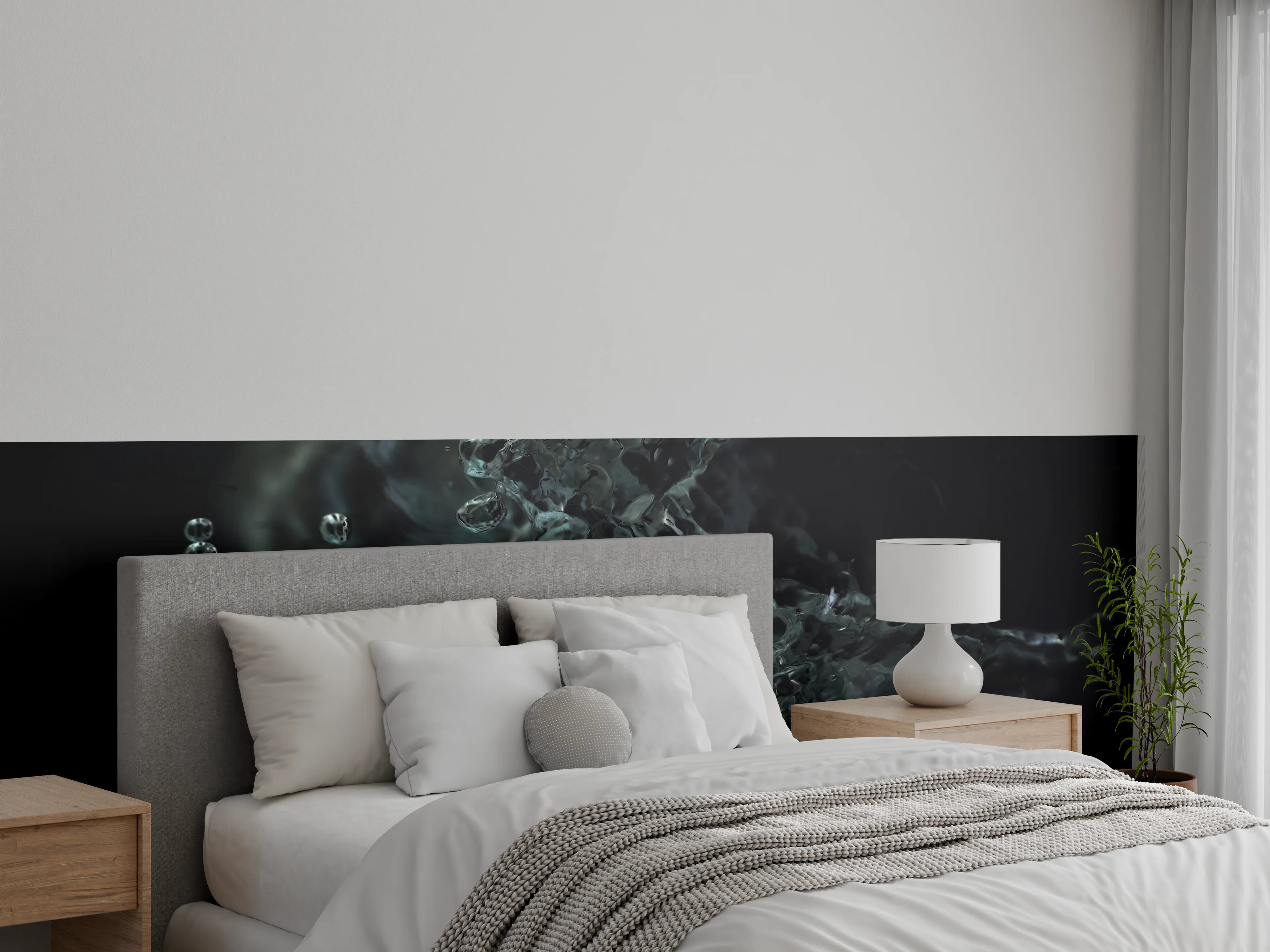 Wandverkleidung Schlafzimmer - Wasserstrudel auf schwarzem Hintergrund