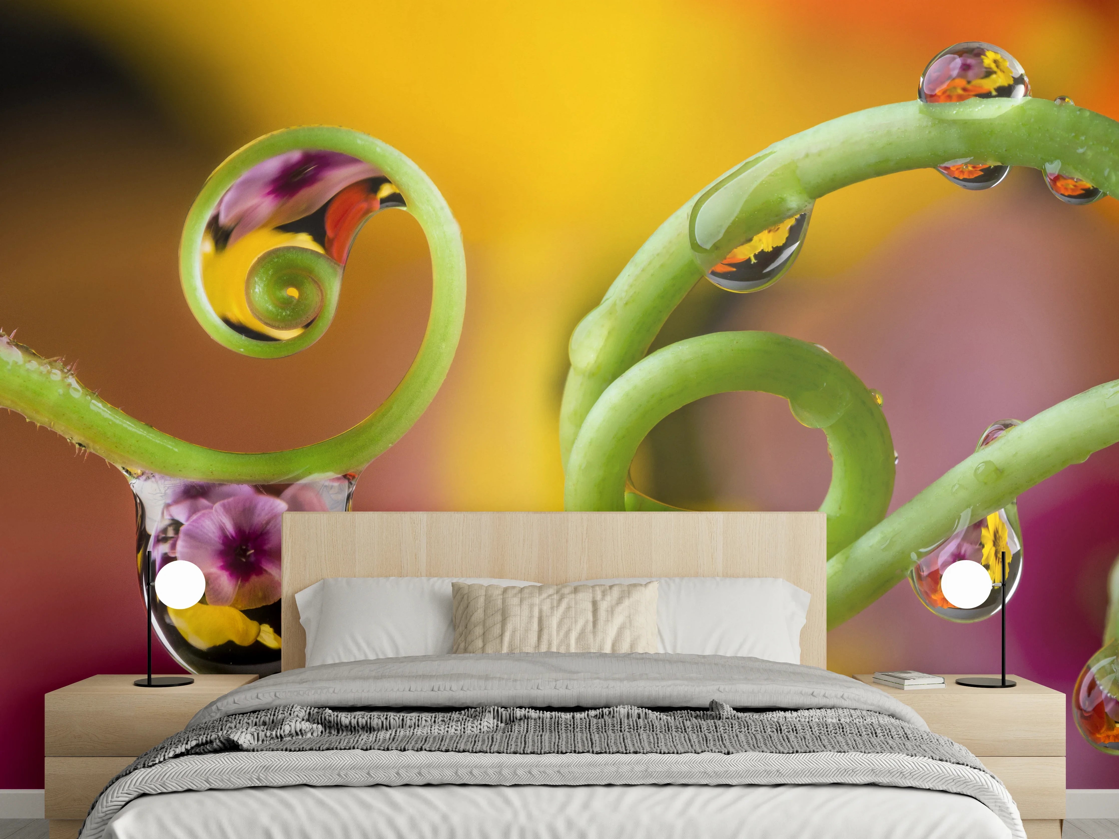 Wandverkleidung Schlafzimmer - Wassertropfen auf Pflanzenranken Makro