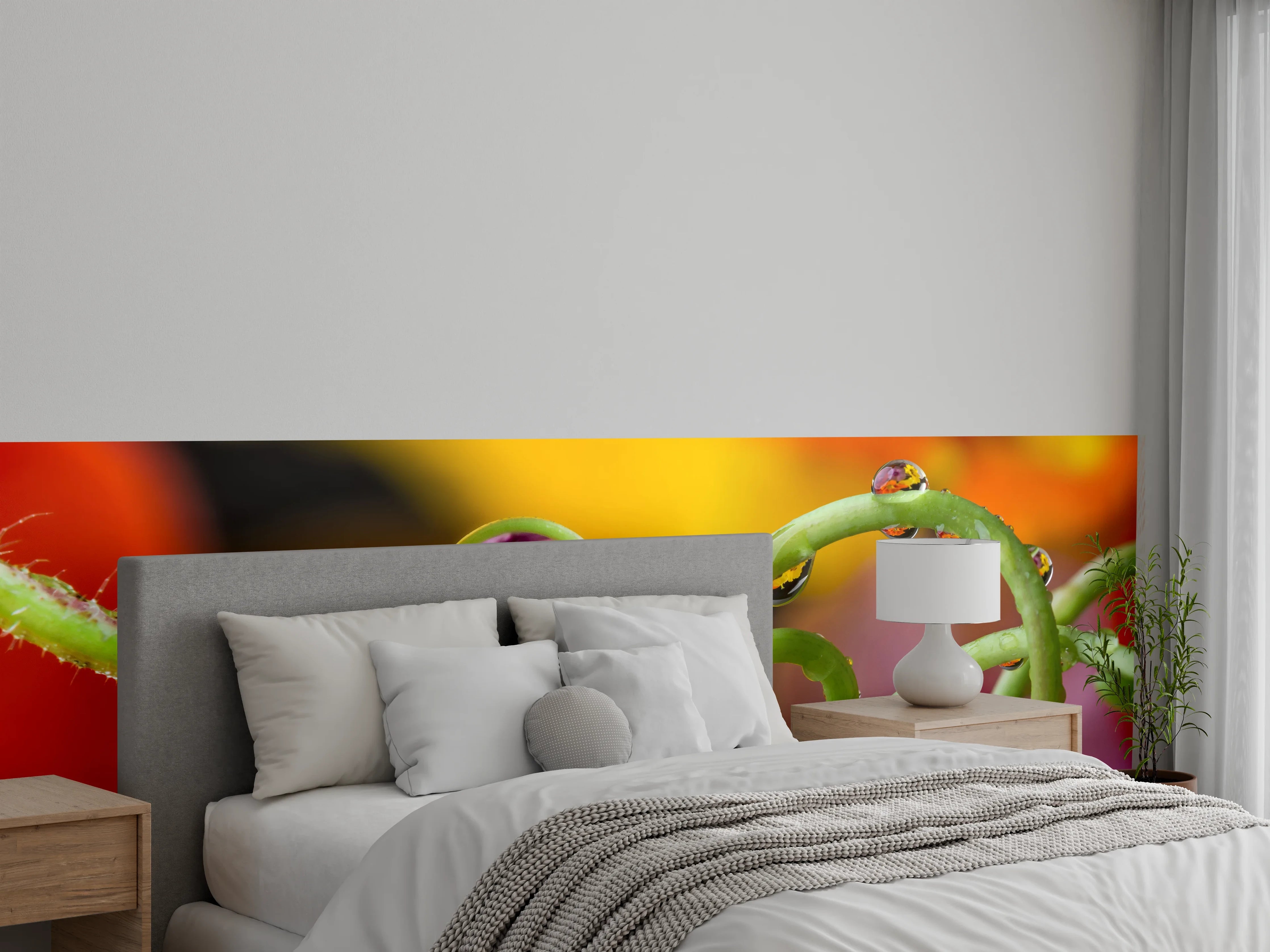 Wandverkleidung Schlafzimmer - Wassertropfen auf Pflanzenranken Makro