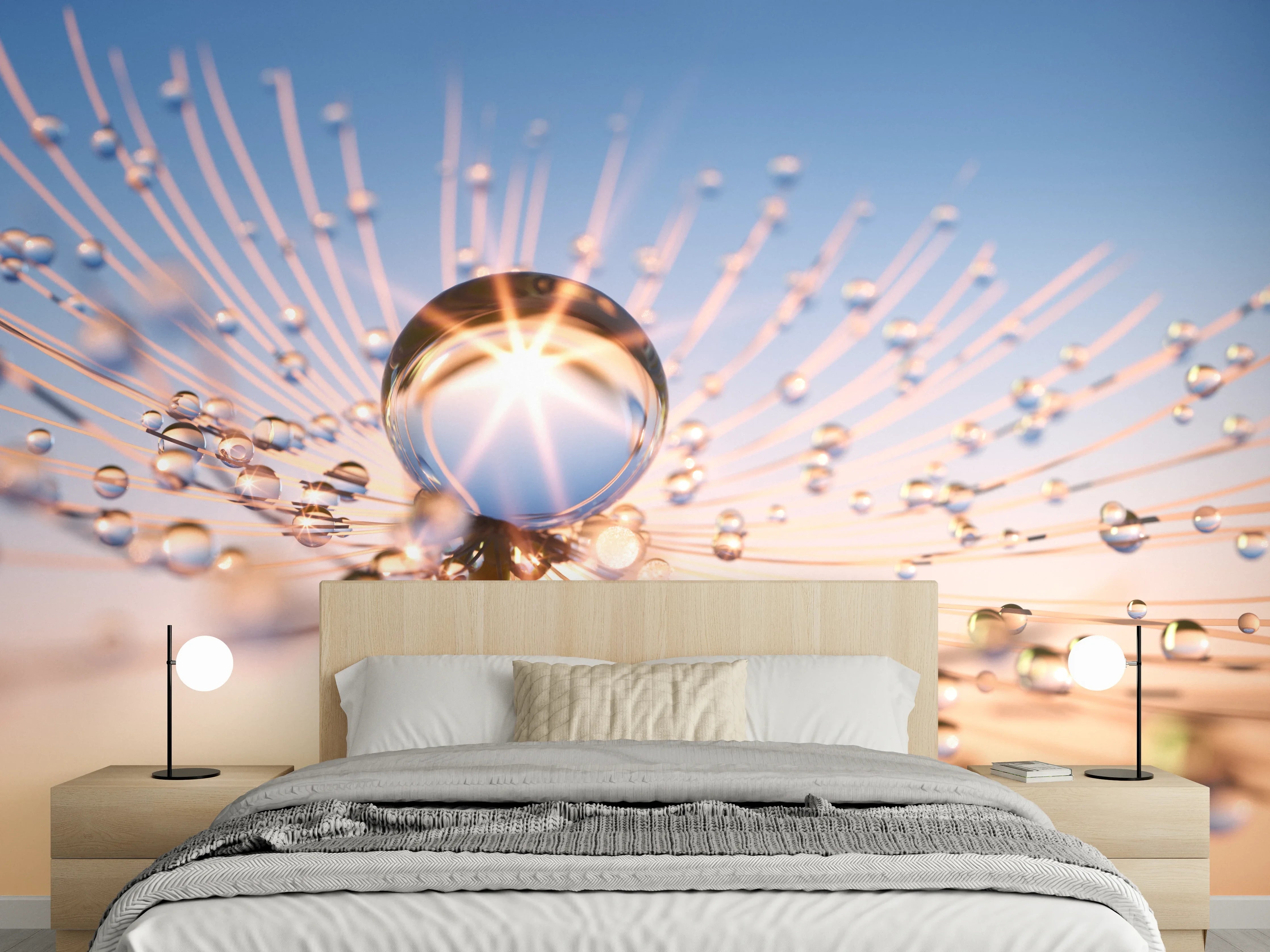Wandverkleidung Schlafzimmer - Wassertropfen auf Pusteblume bei Sonnenaufgang