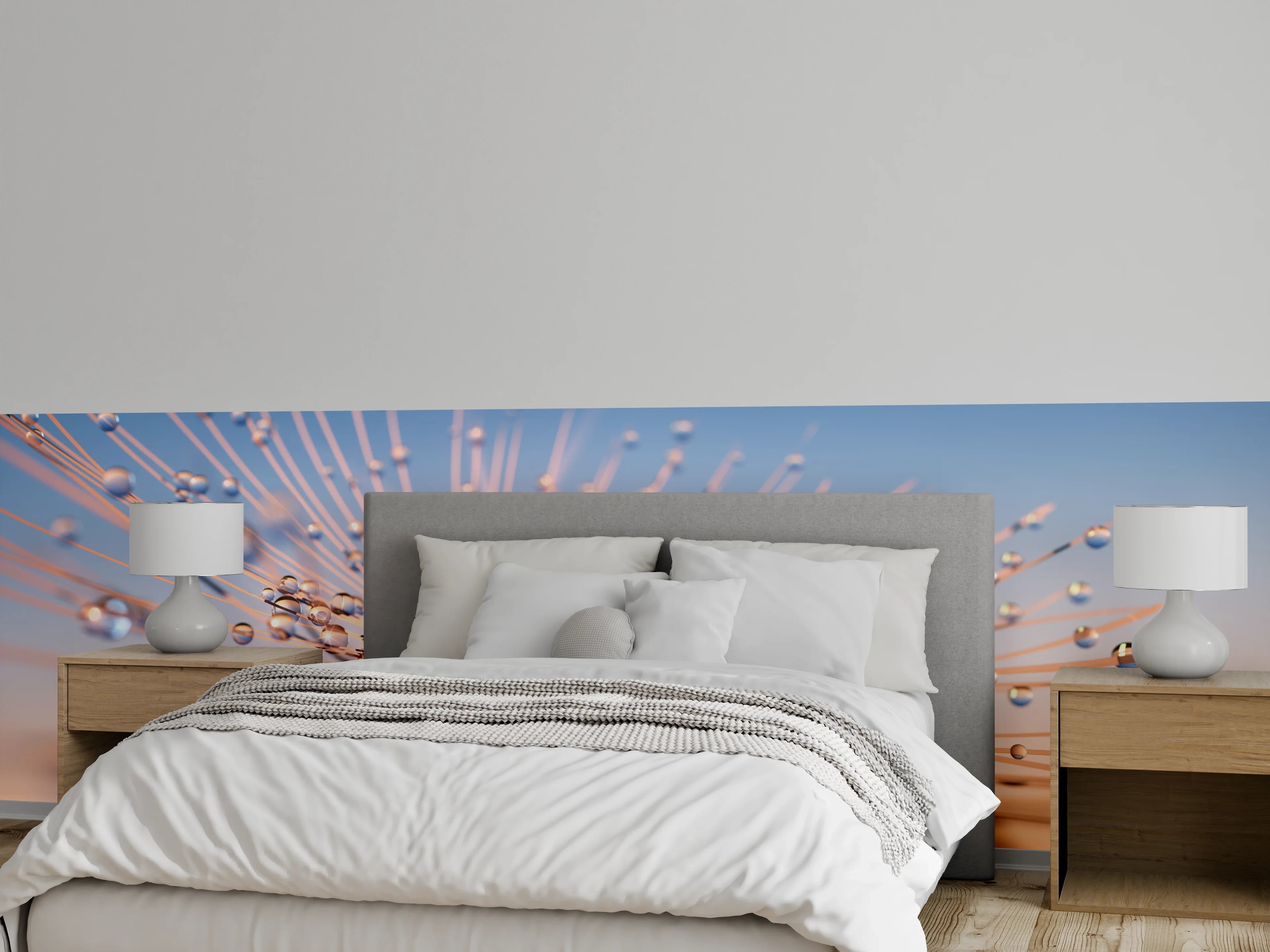 Wandverkleidung Schlafzimmer - Wassertropfen auf Pusteblume bei Sonnenaufgang