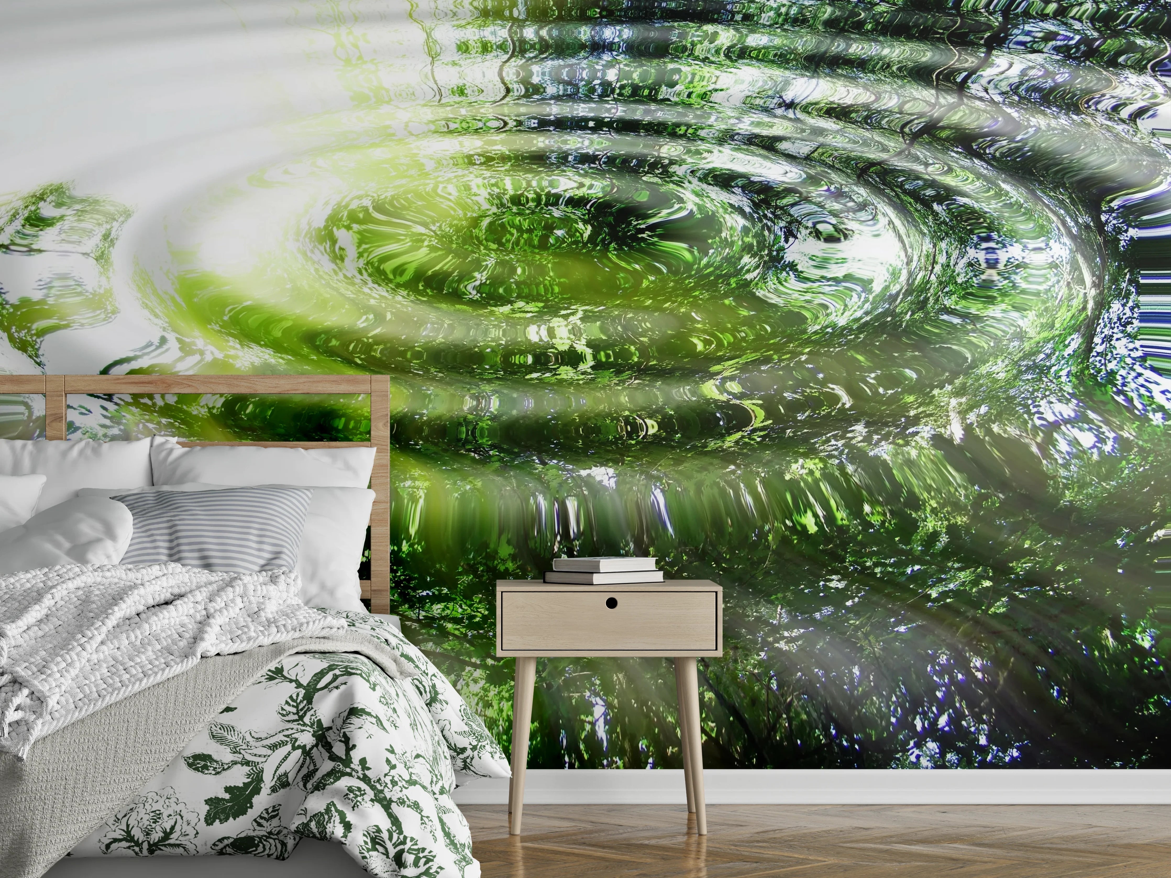 Wandverkleidung Schlafzimmer - Wasserwellen mit Baumspiegelung Effekt
