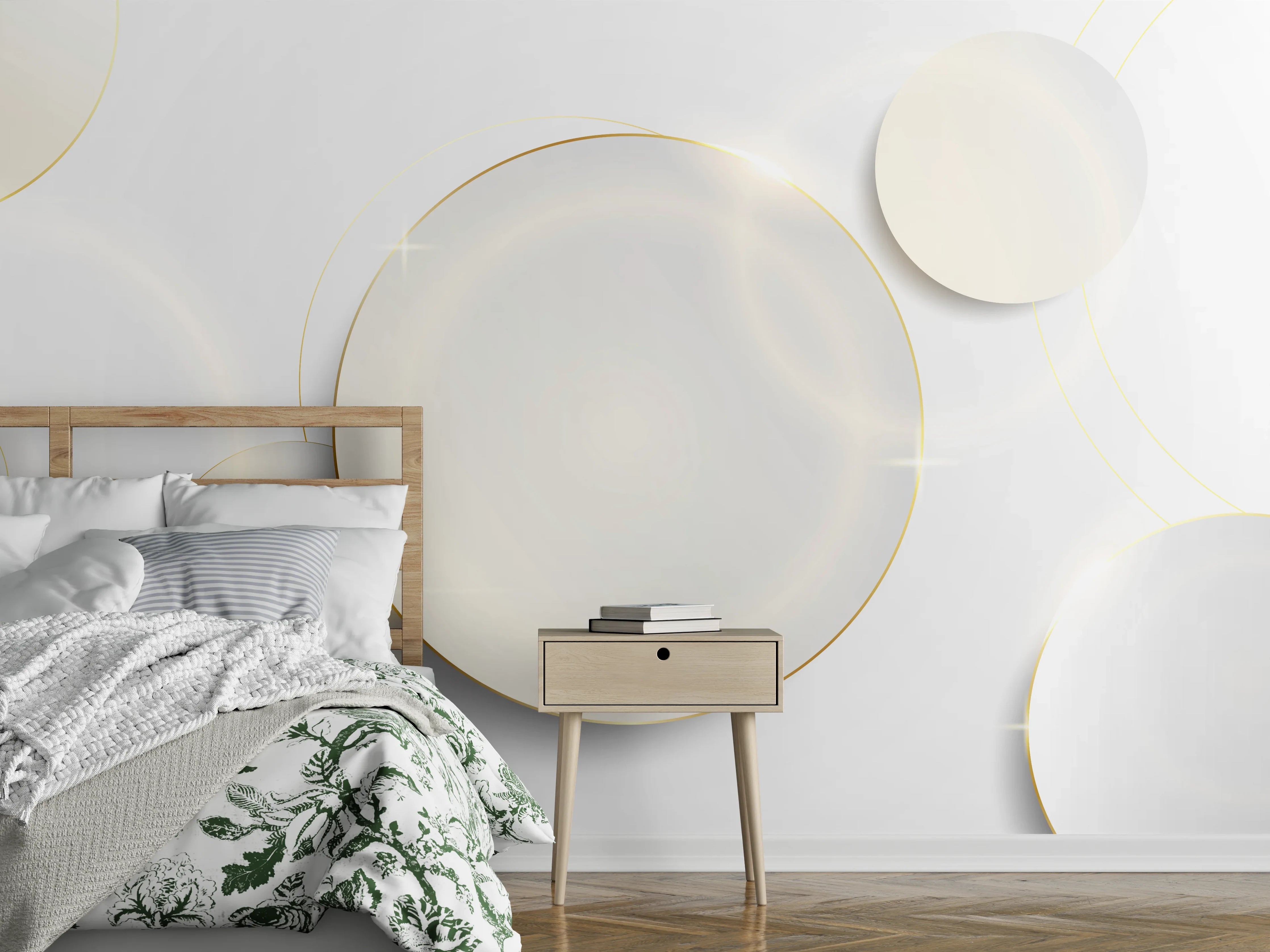 Wandverkleidung Schlafzimmer - Weiß-Goldene Abstrakte Formen