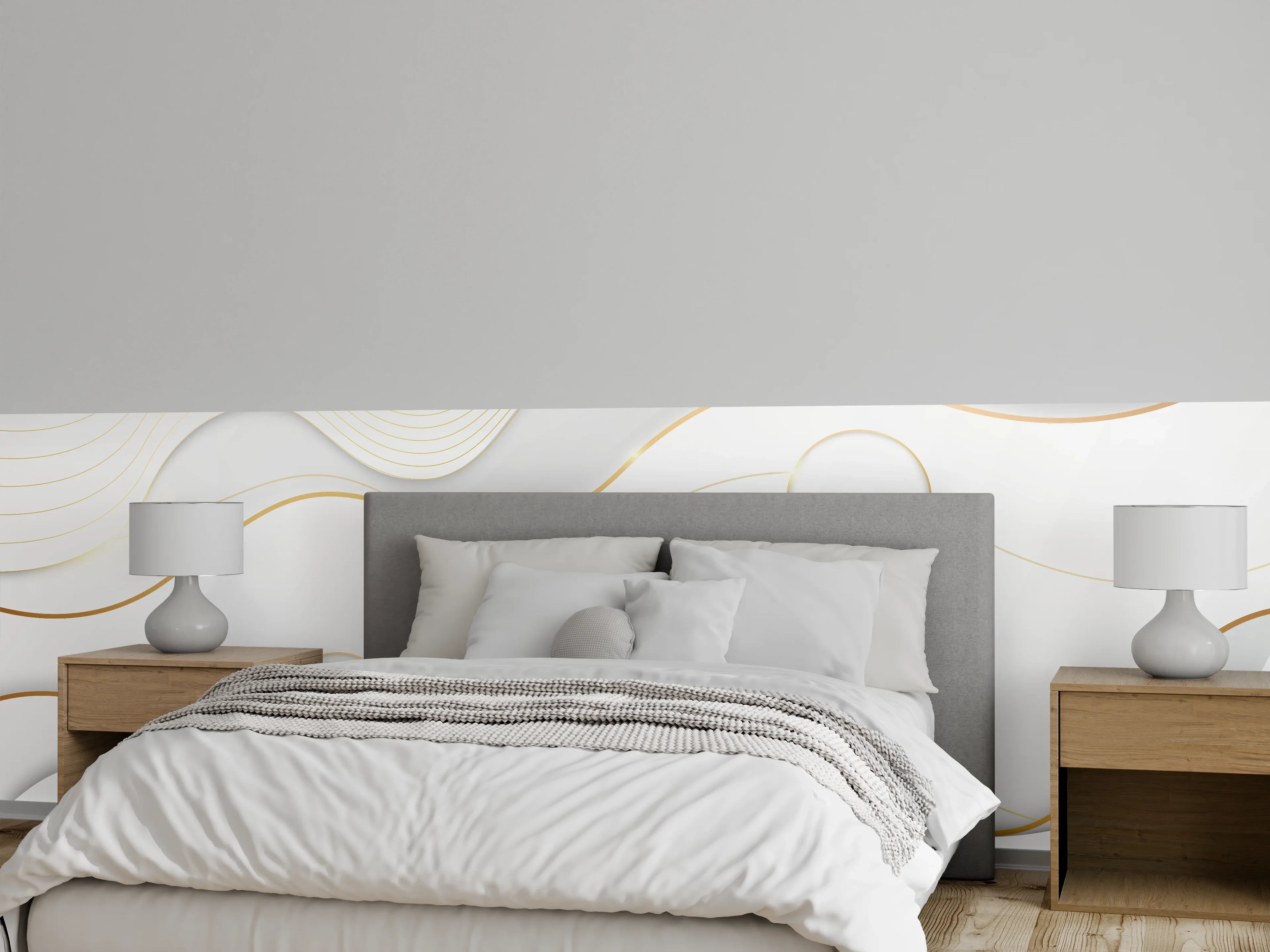 Wandverkleidung Schlafzimmer - Weiß-Goldene Wellen Grafik