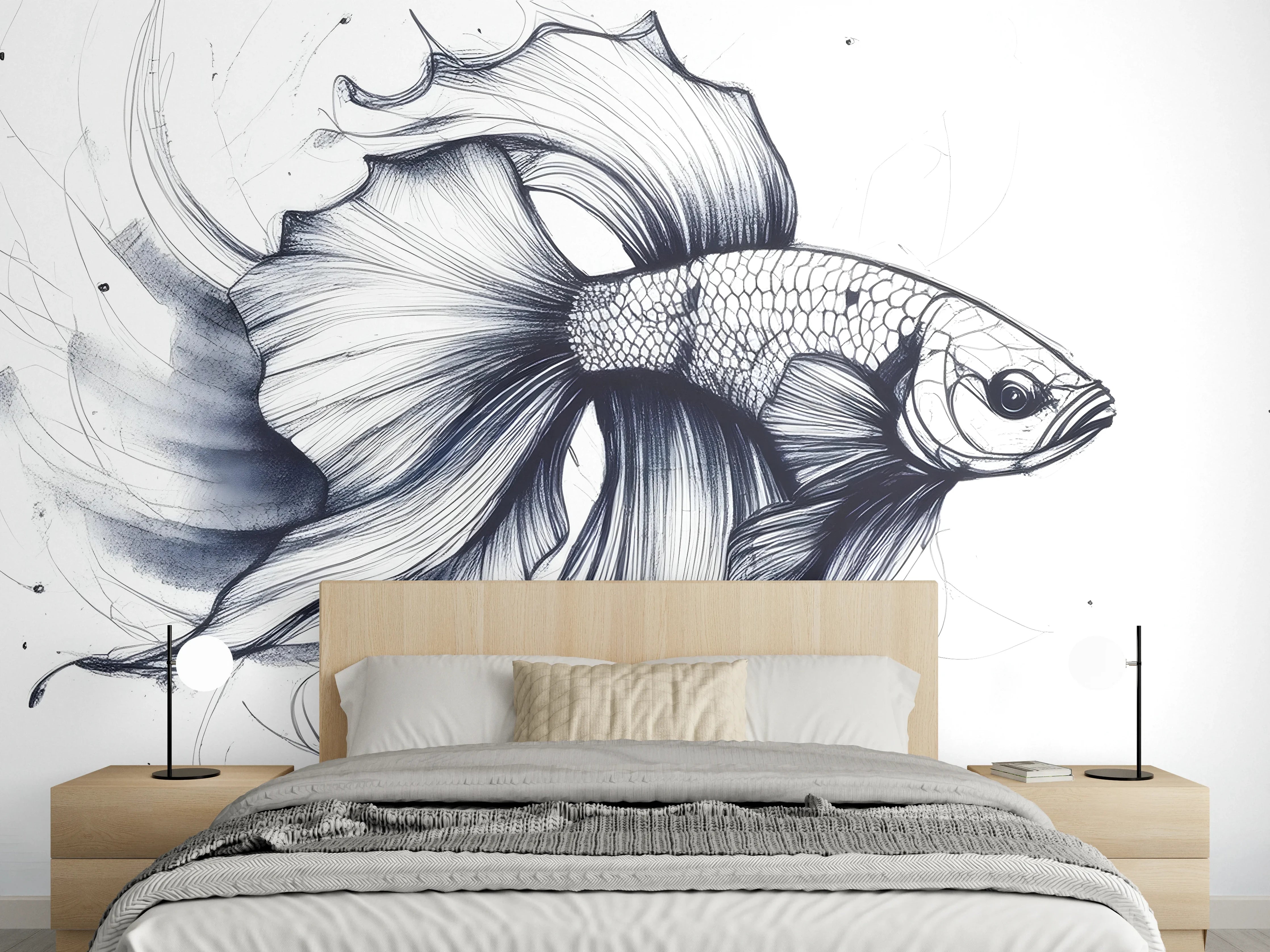 Wandverkleidung Schlafzimmer - Weiß-Grau Betta-Fisch Illustration
