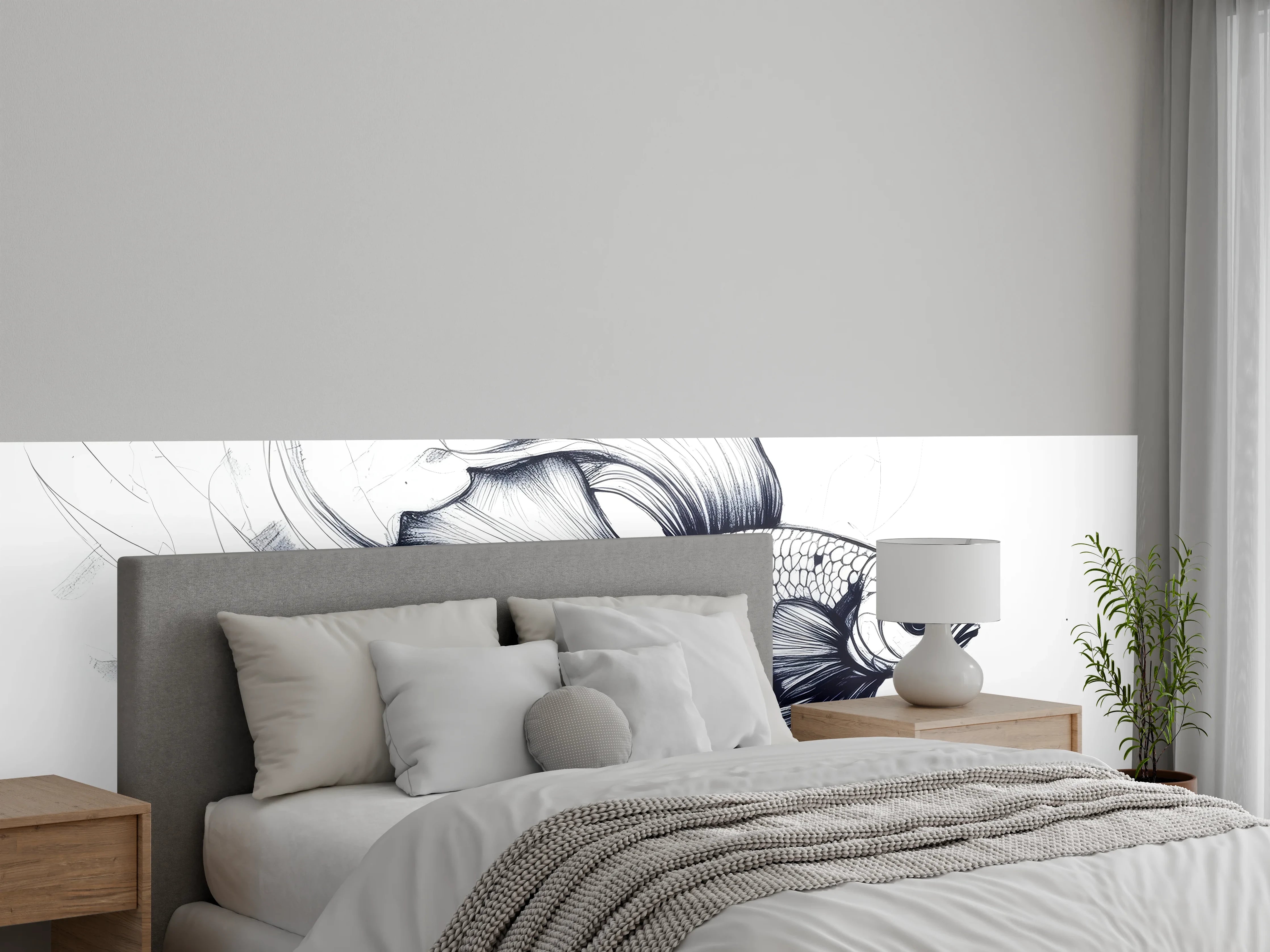 Wandverkleidung Schlafzimmer - Weiß-Grau Betta-Fisch Illustration