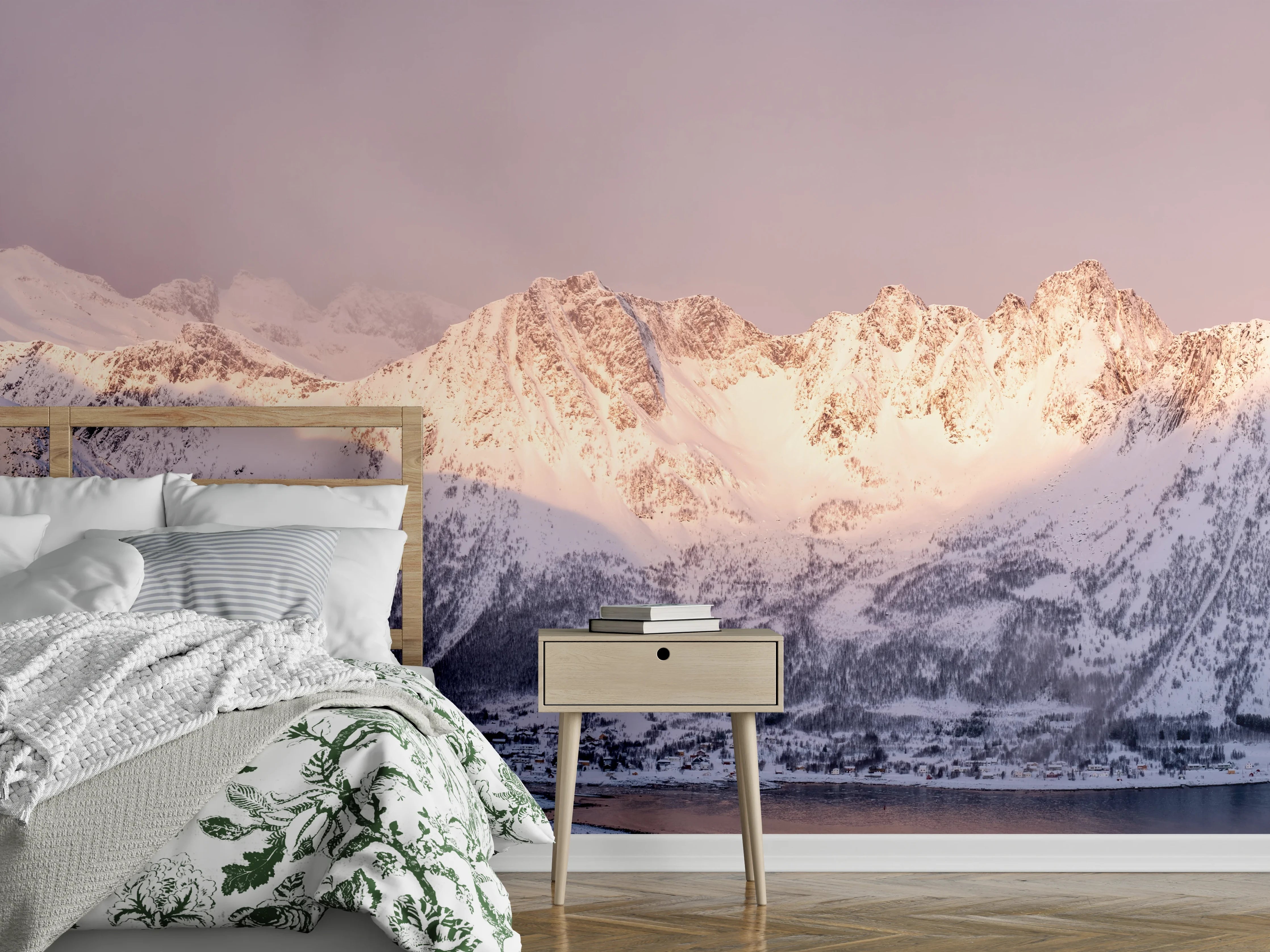 Wandverkleidung Schlafzimmer - Weiß-Grau-Blau Bergpanorama Norwegen