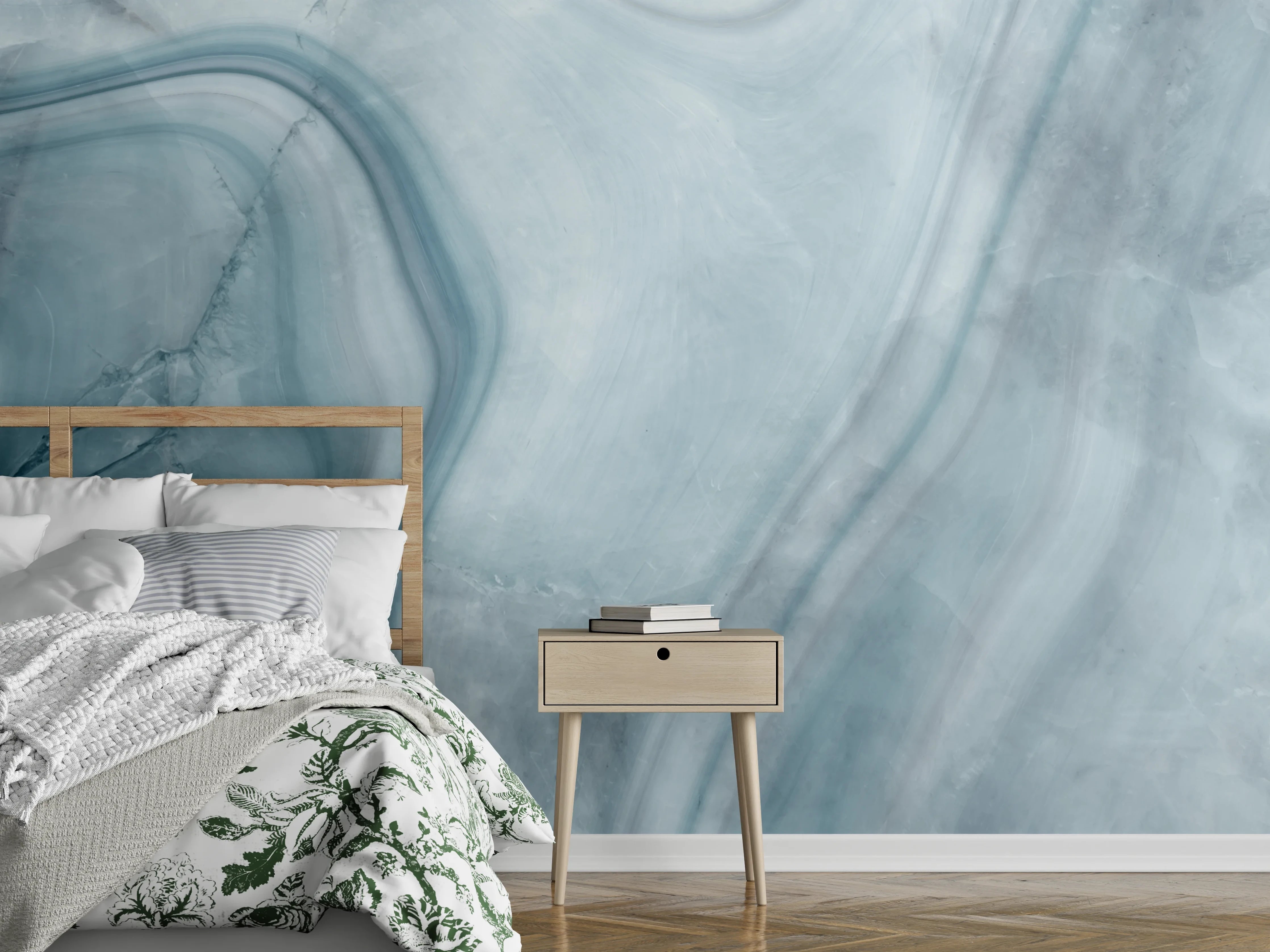 Wandverkleidung Schlafzimmer - Weiß-Grau-Blauer Marmor