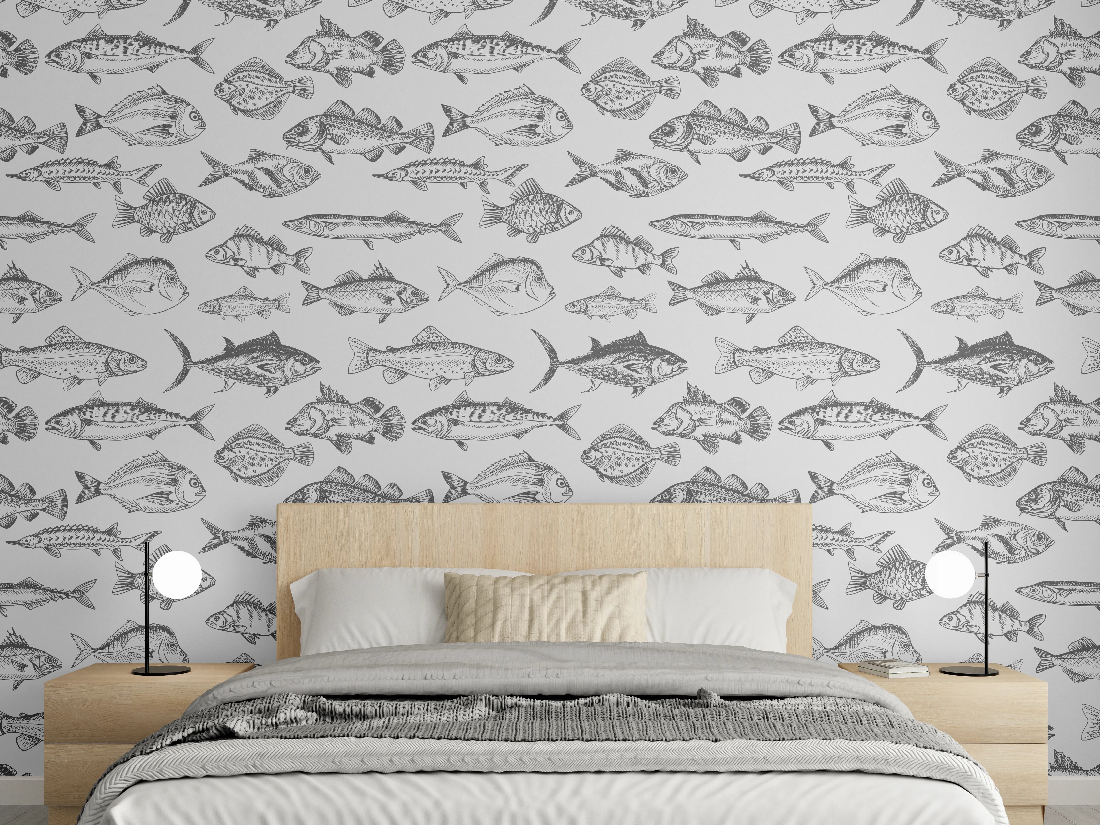 Wandverkleidung Schlafzimmer - Weiß-Grau Fischmuster