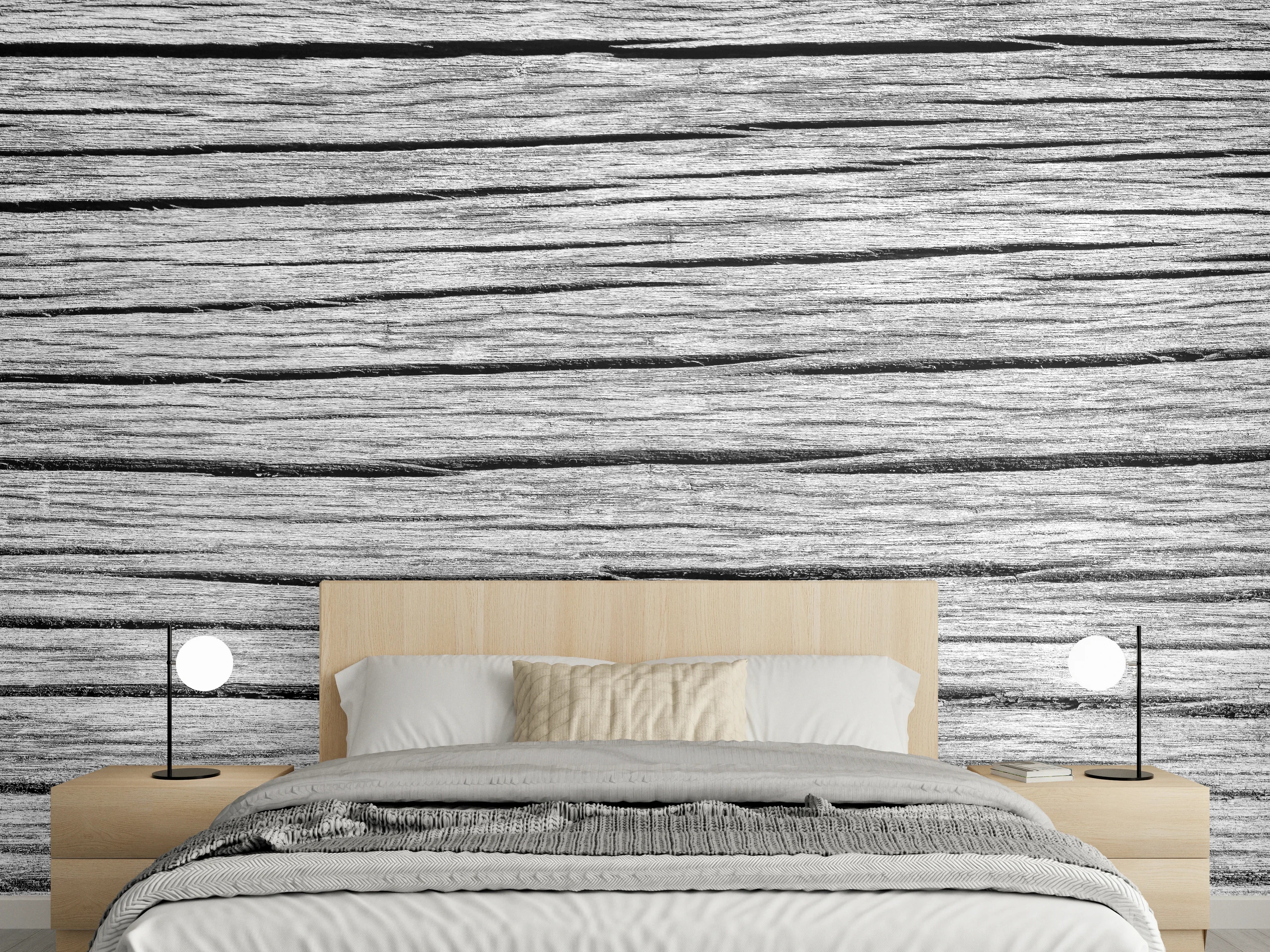 Wandverkleidung Schlafzimmer - Weiß-Graue Holztextur Panorama