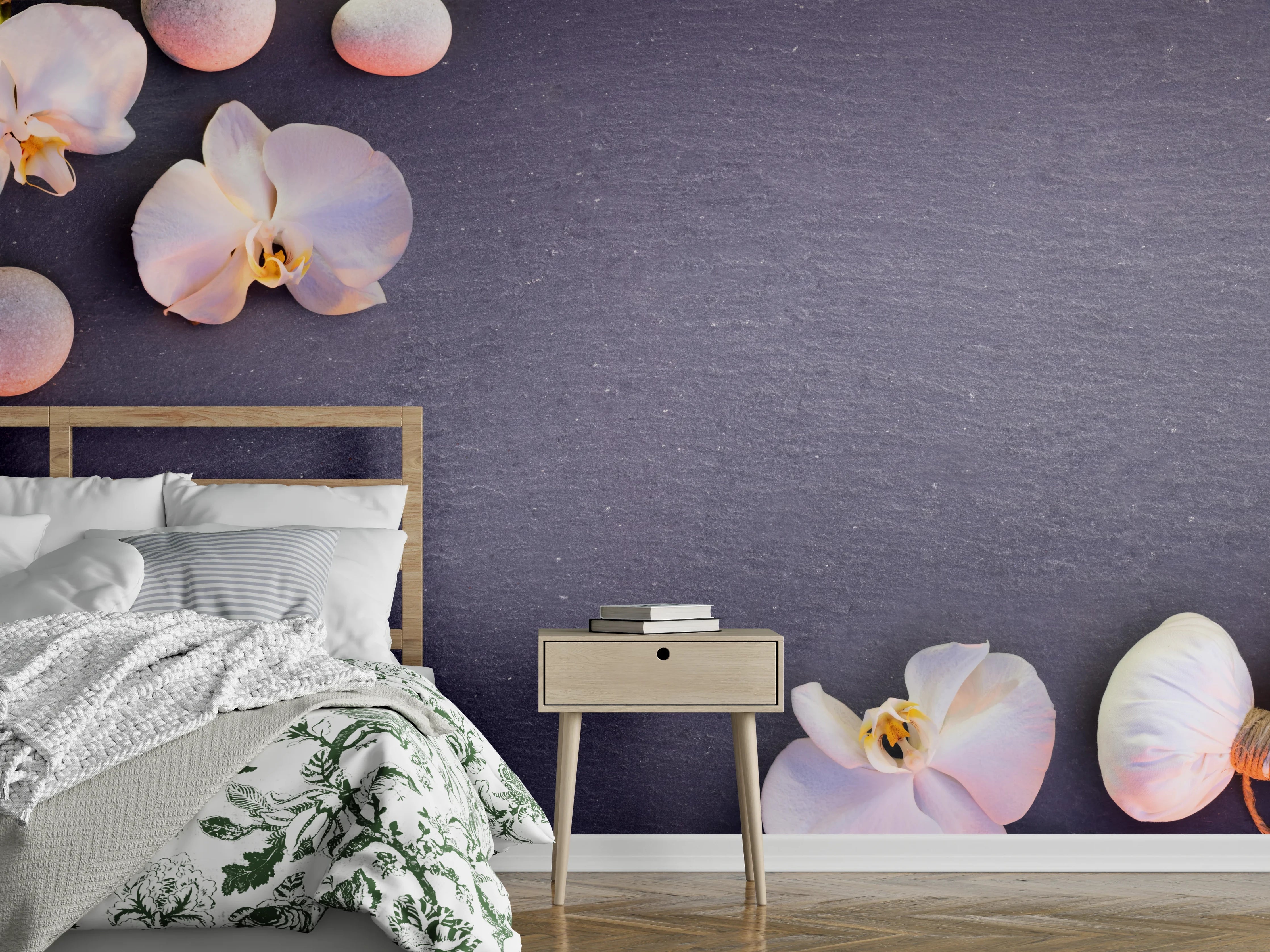 Wandverkleidung Schlafzimmer - Weiß-Rosa Orchideen auf Schiefer