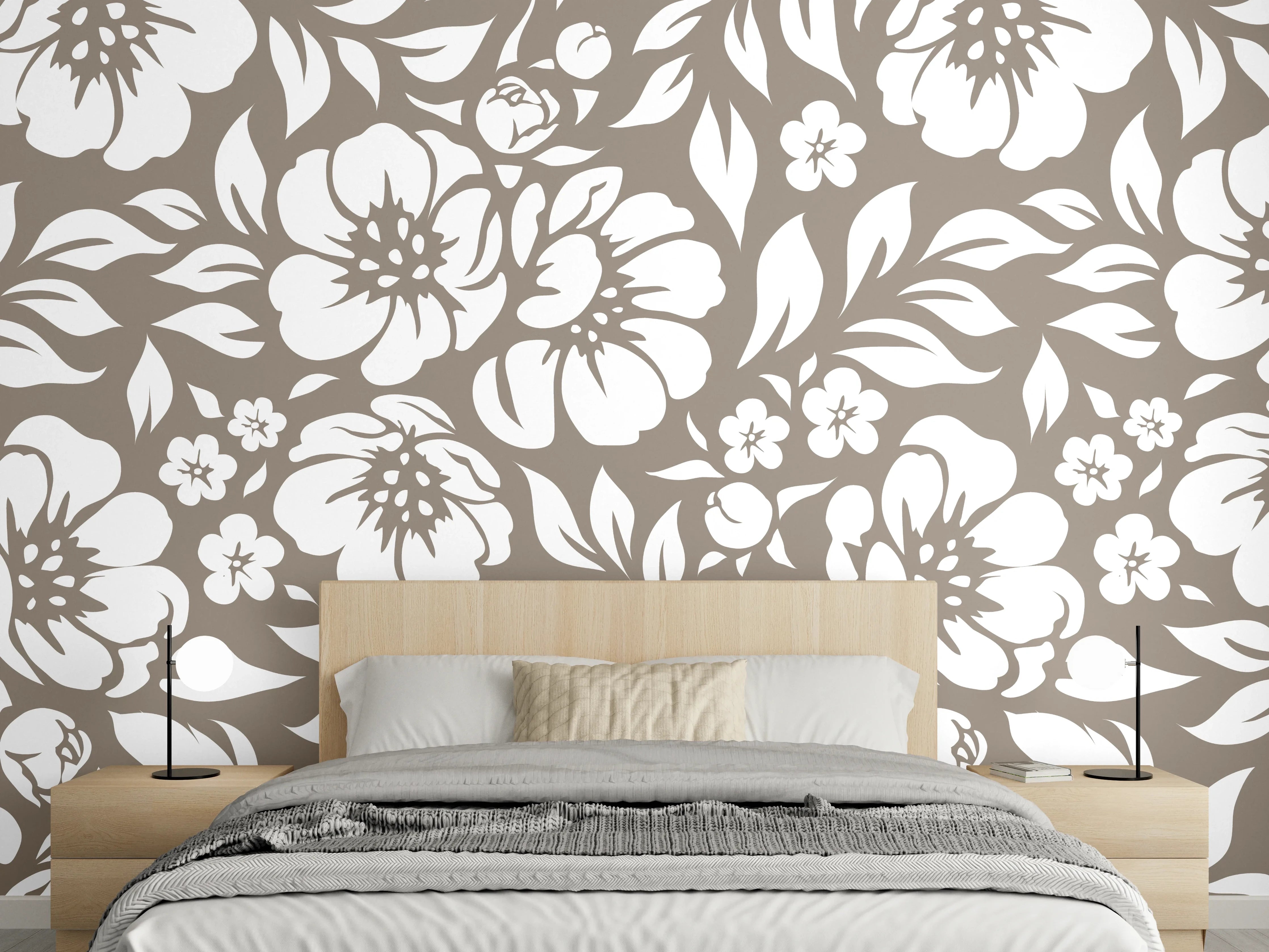 Wandverkleidung Schlafzimmer - Weiß-braunes Blumenmuster Tapetendesign