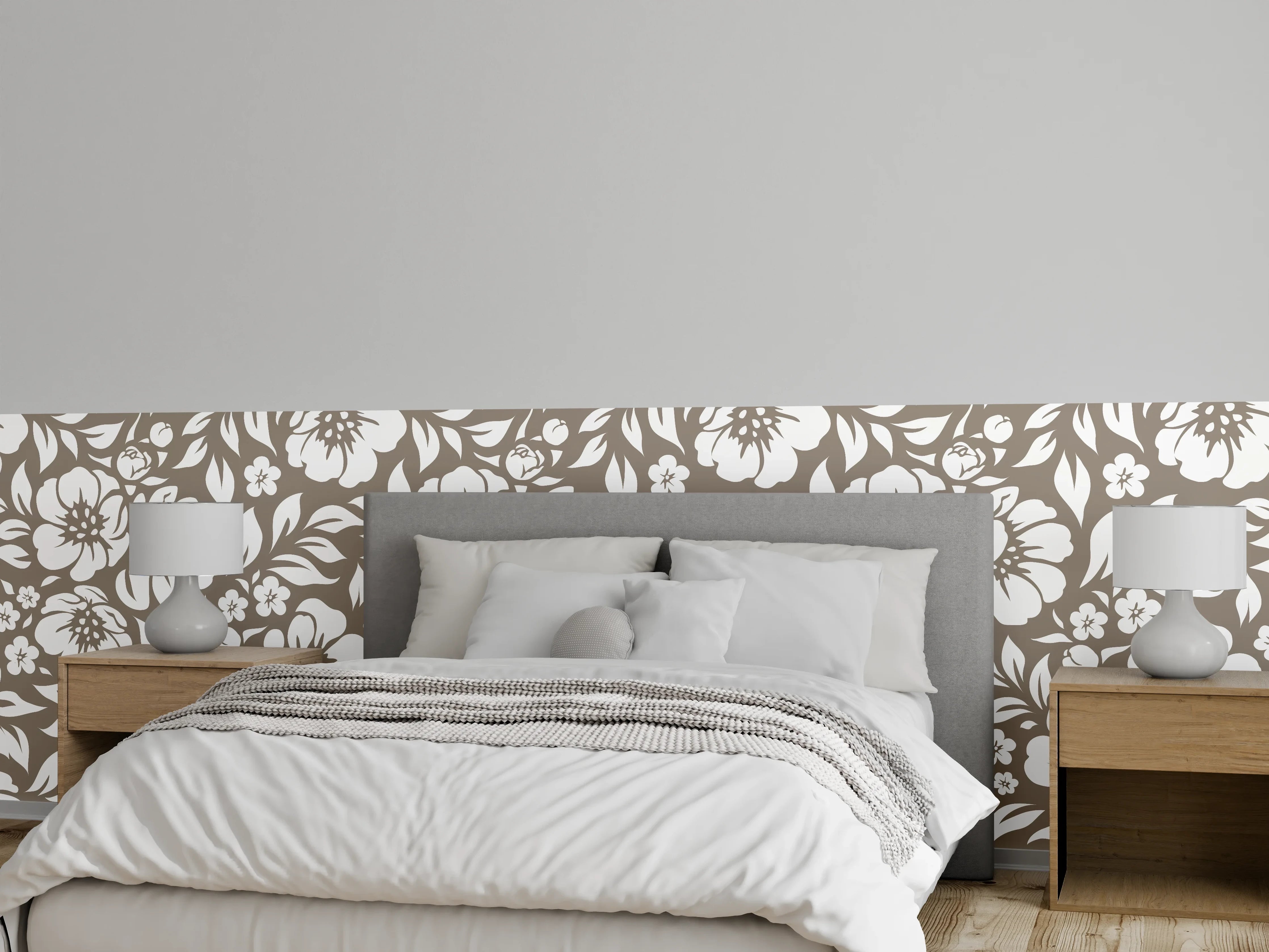 Wandverkleidung Schlafzimmer - Weiß-braunes Blumenmuster Tapetendesign