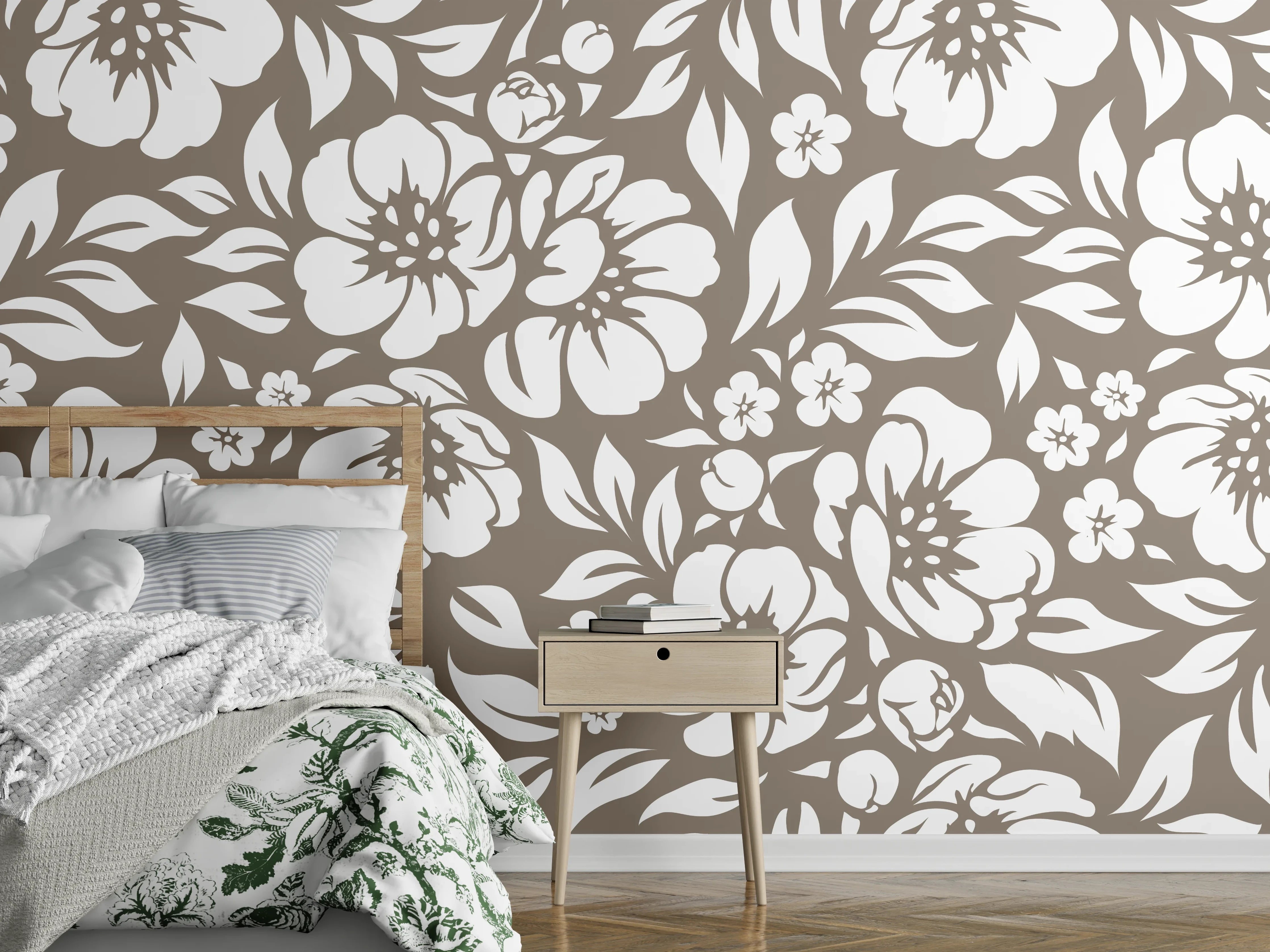 Wandverkleidung Schlafzimmer - Weiß-braunes Blumenmuster Tapetendesign
