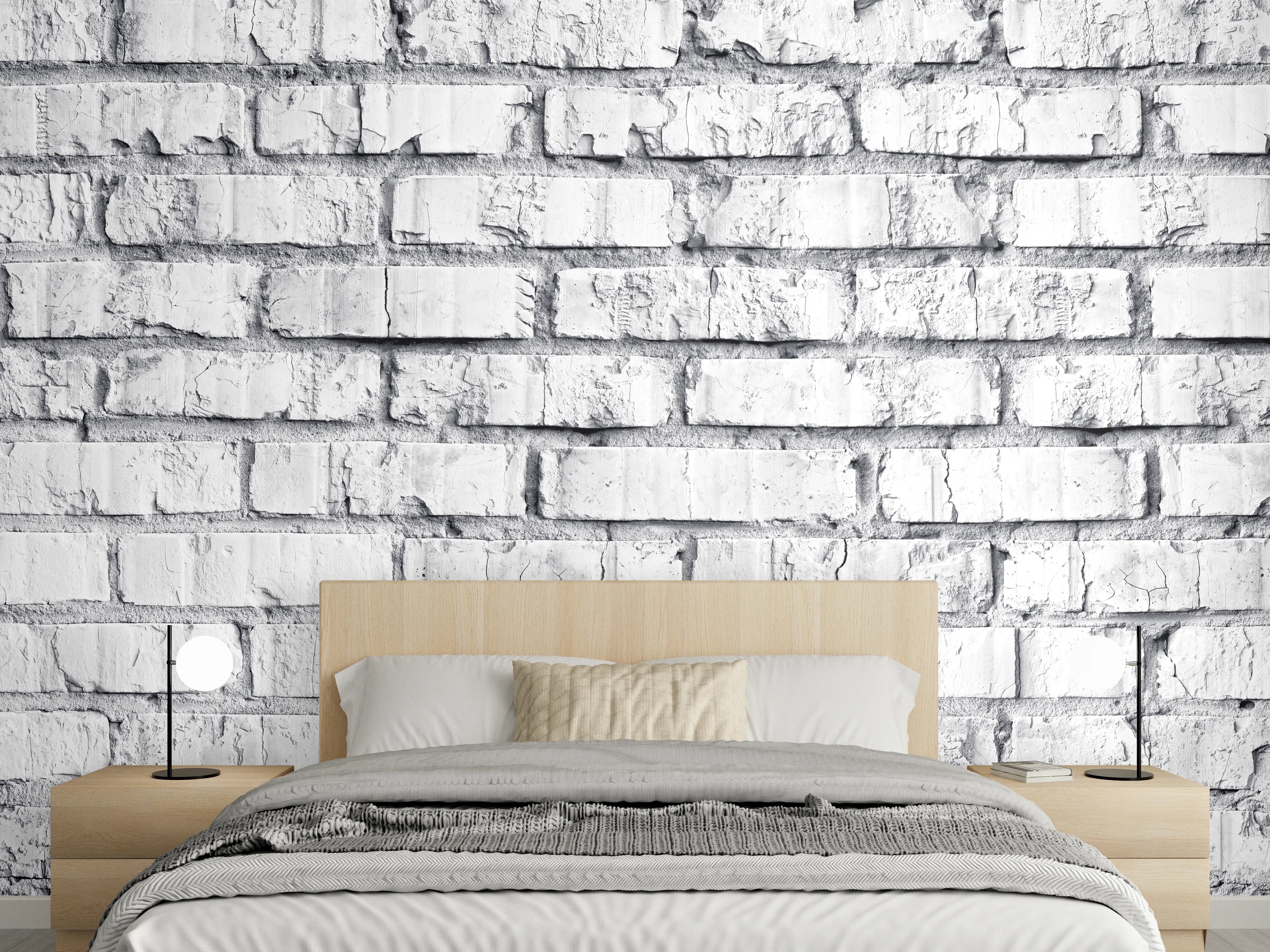 Wandverkleidung Schlafzimmer - Weiß gekalkte Ziegelmauer