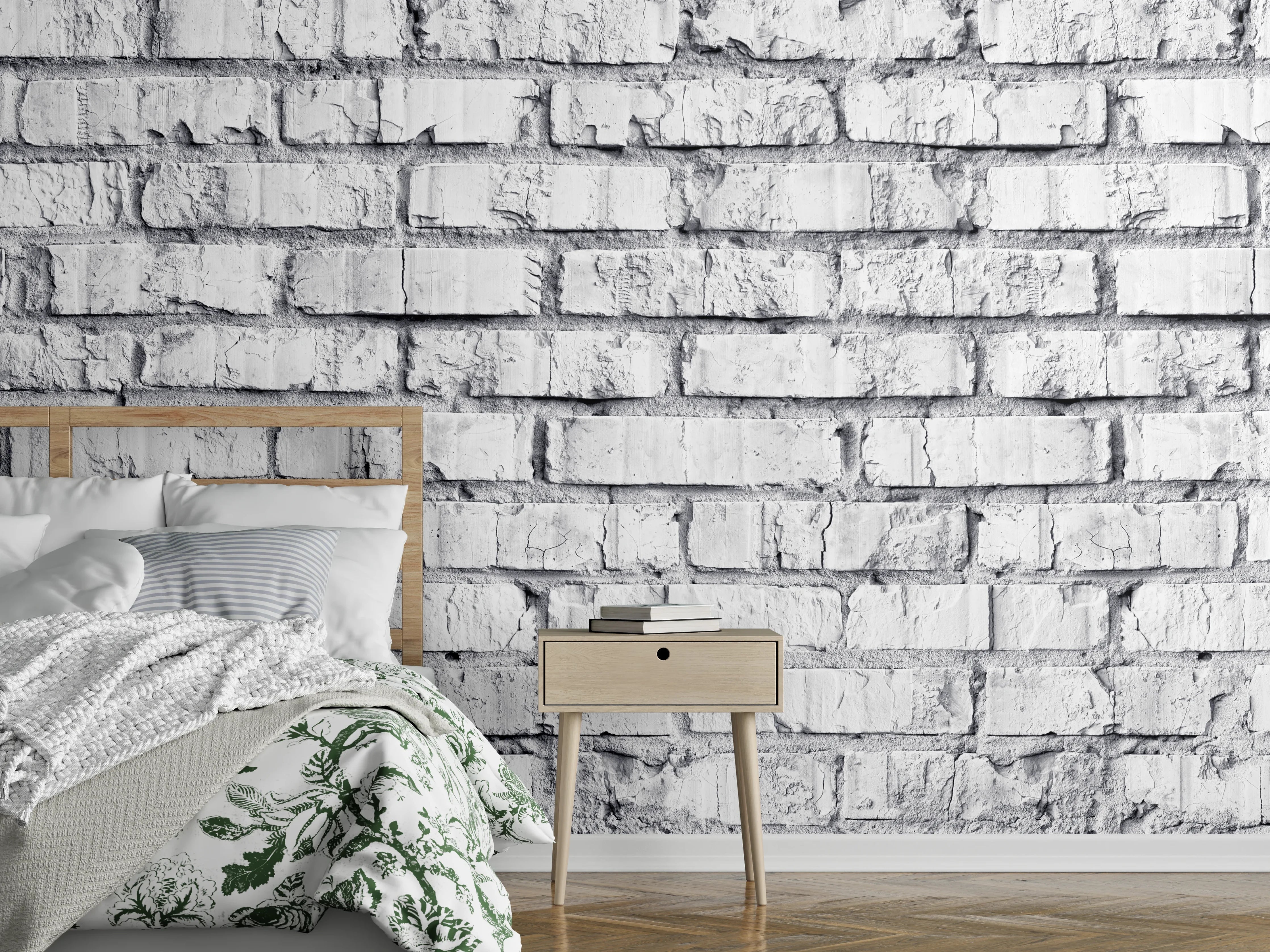 Wandverkleidung Schlafzimmer - Weiß gekalkte Ziegelmauer