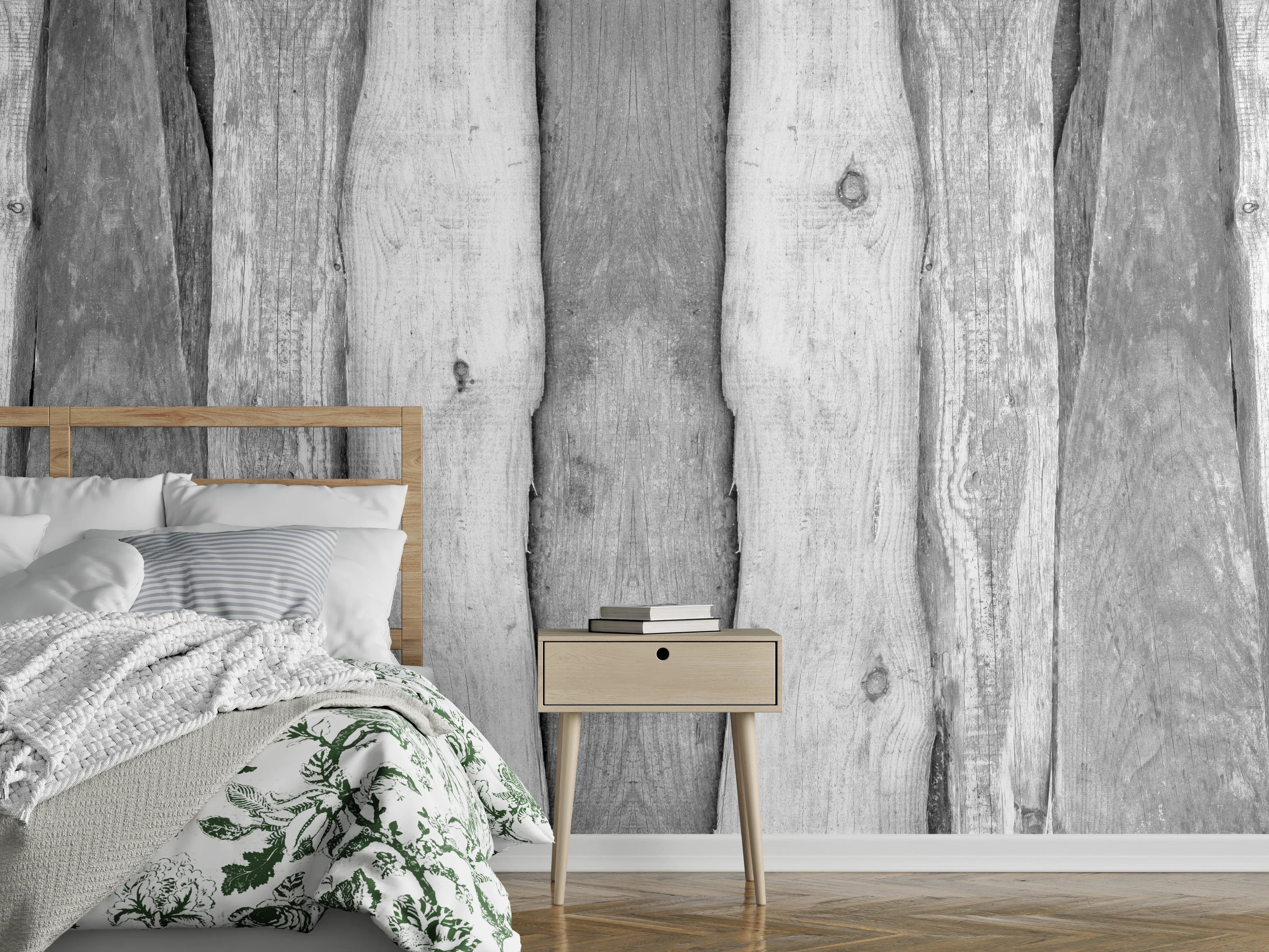 Wandverkleidung Schlafzimmer - Weiß grau gestrichene Holzstruktur