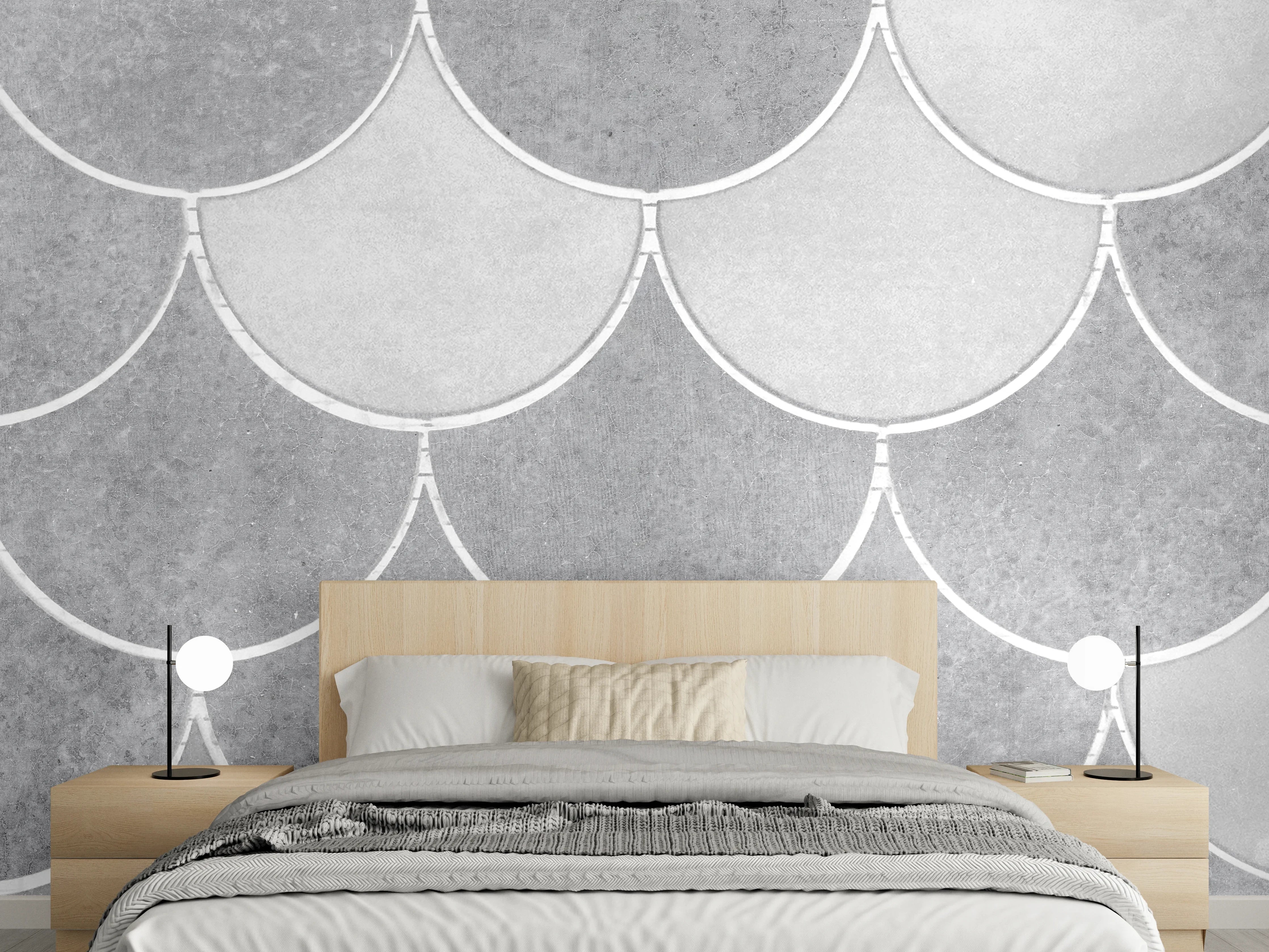 Wandverkleidung Schlafzimmer - Weiß-graue Fischschuppen Fliesen