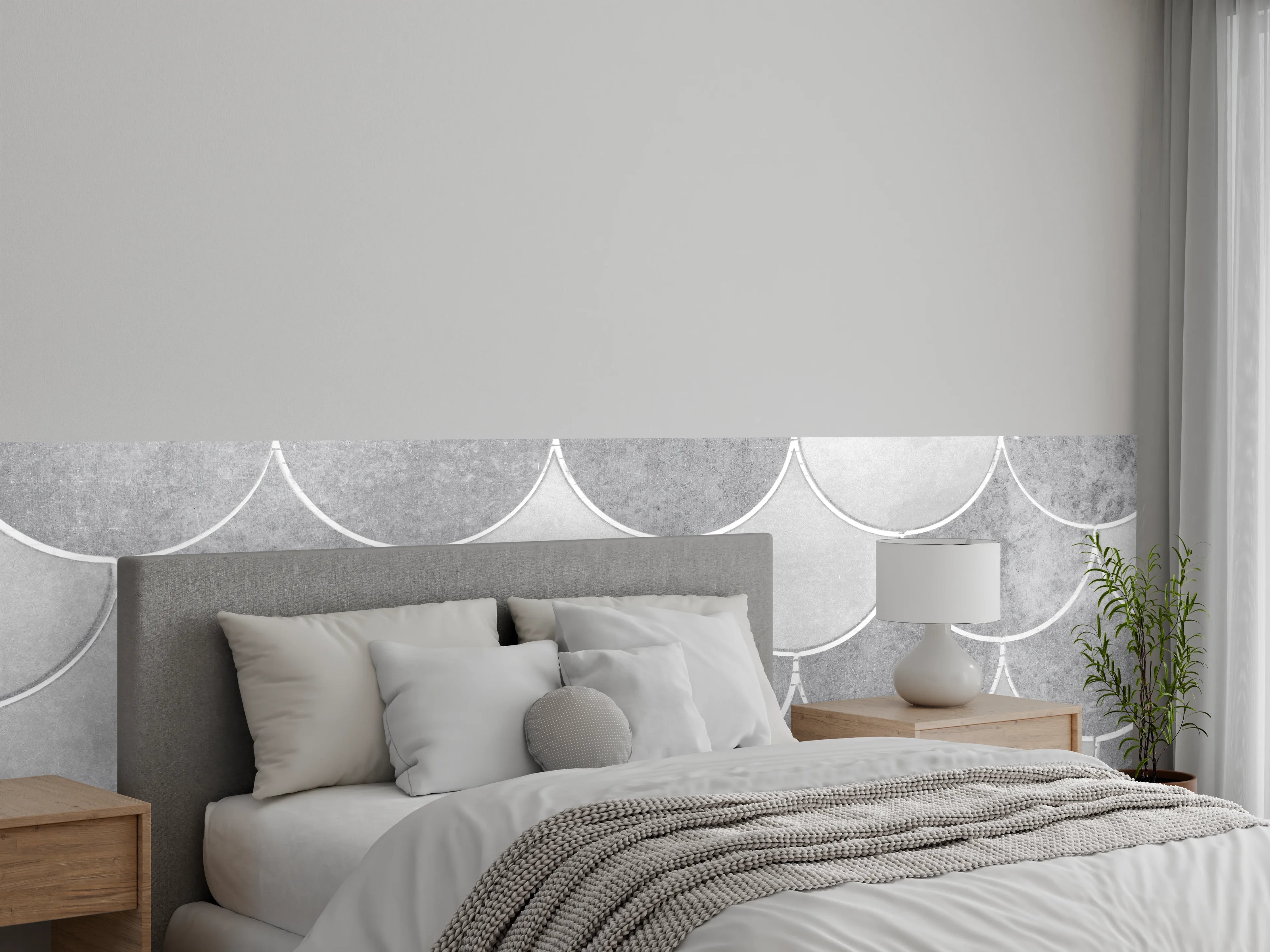 Wandverkleidung Schlafzimmer - Weiß-graue Fischschuppen Fliesen