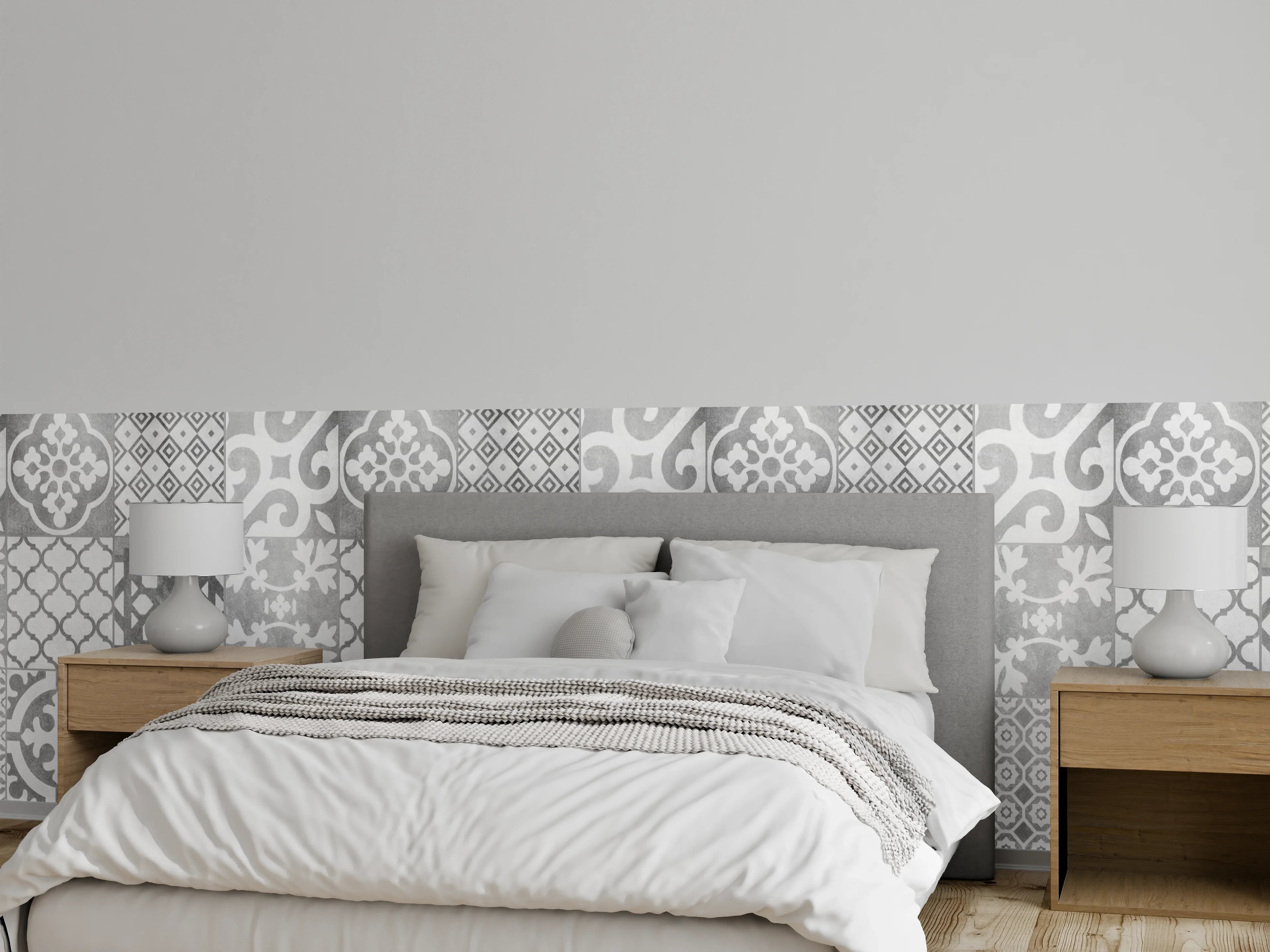 Wandverkleidung Schlafzimmer - Weiß graue vintage Fliesen