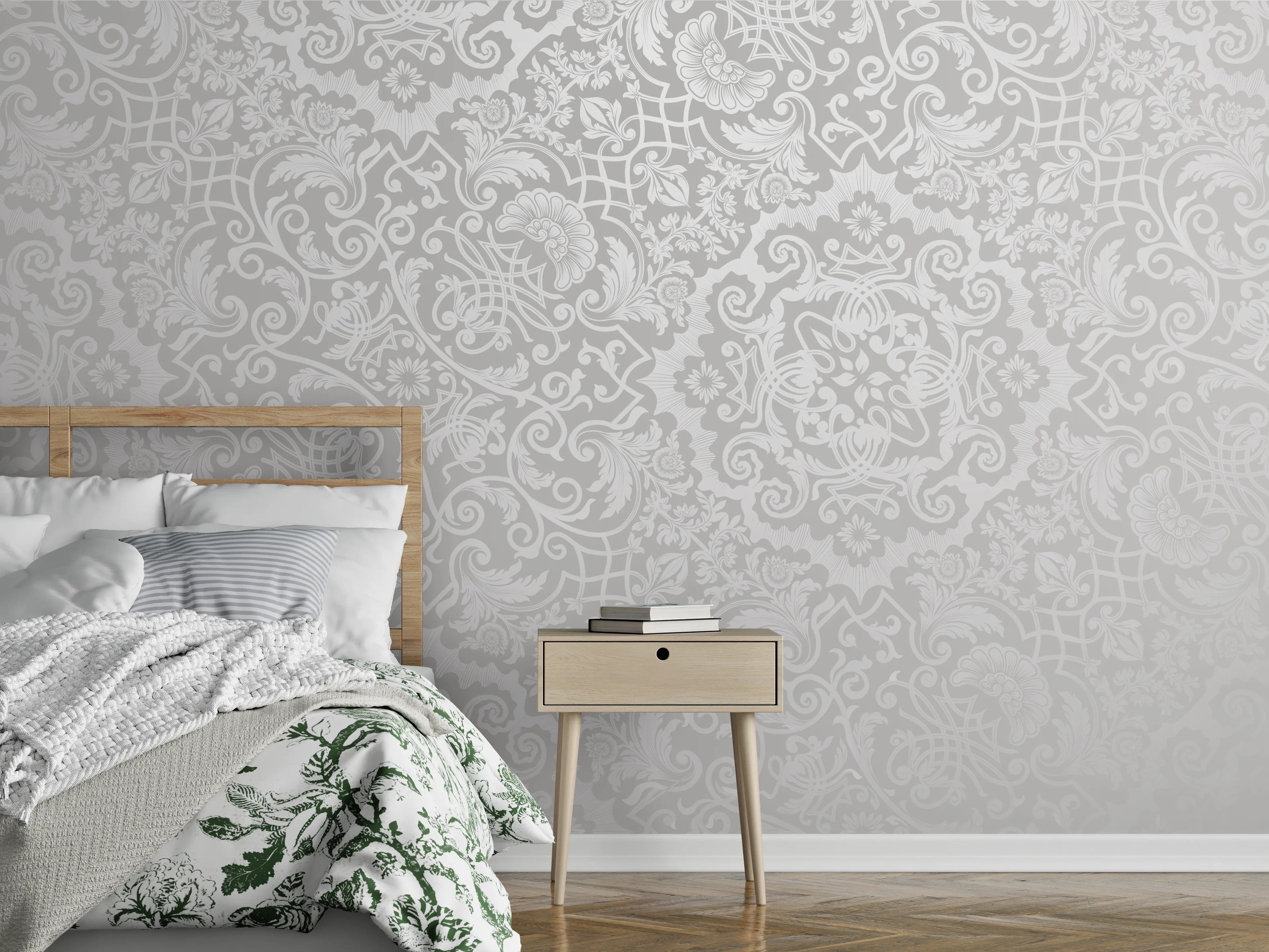 Wandverkleidung Schlafzimmer - Weiß-graues Ornamentmuster klassisch elegant
