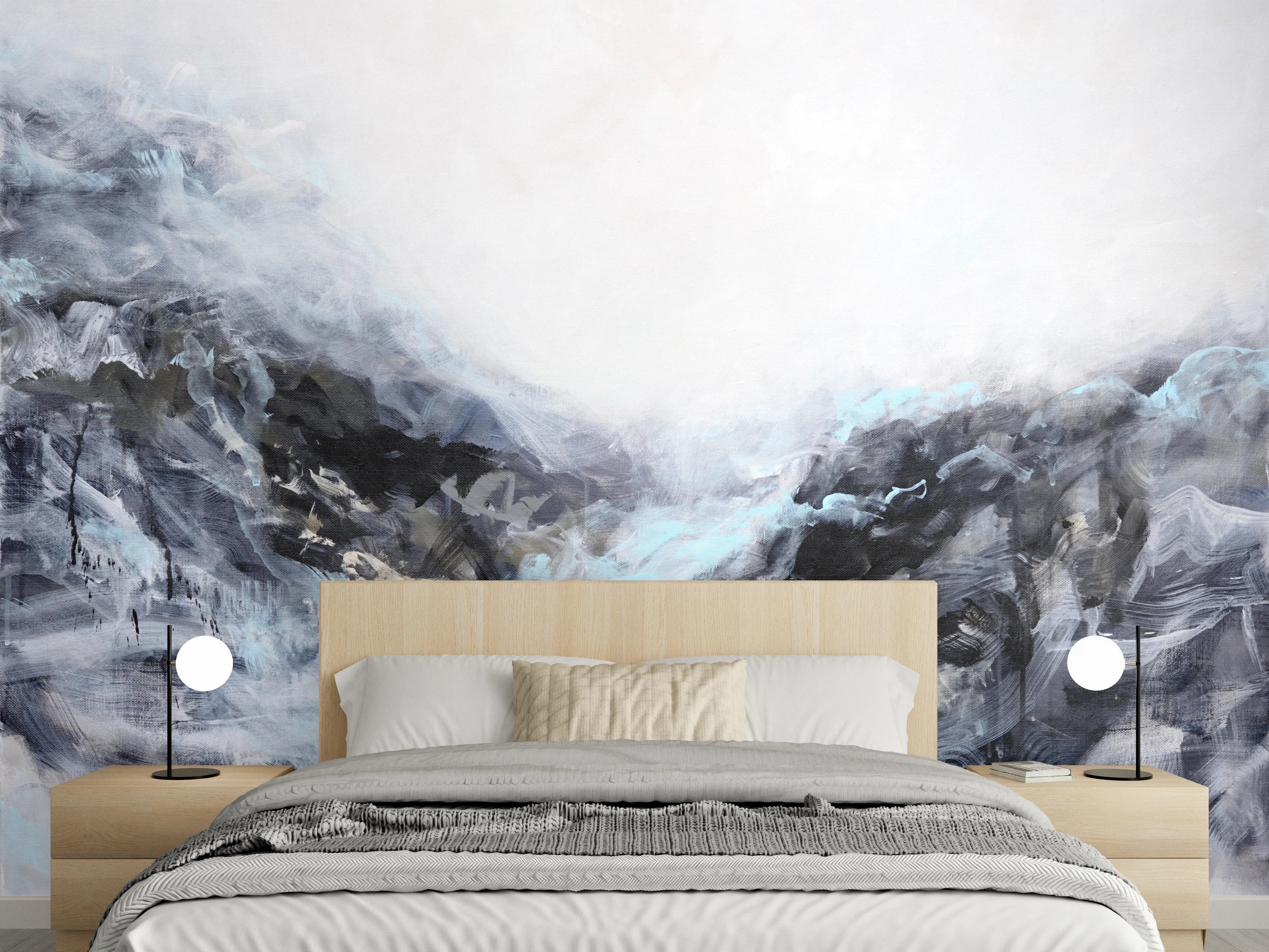 Wandverkleidung Schlafzimmer - Weiße Berglandschaft mit kühlem Farbenspiel