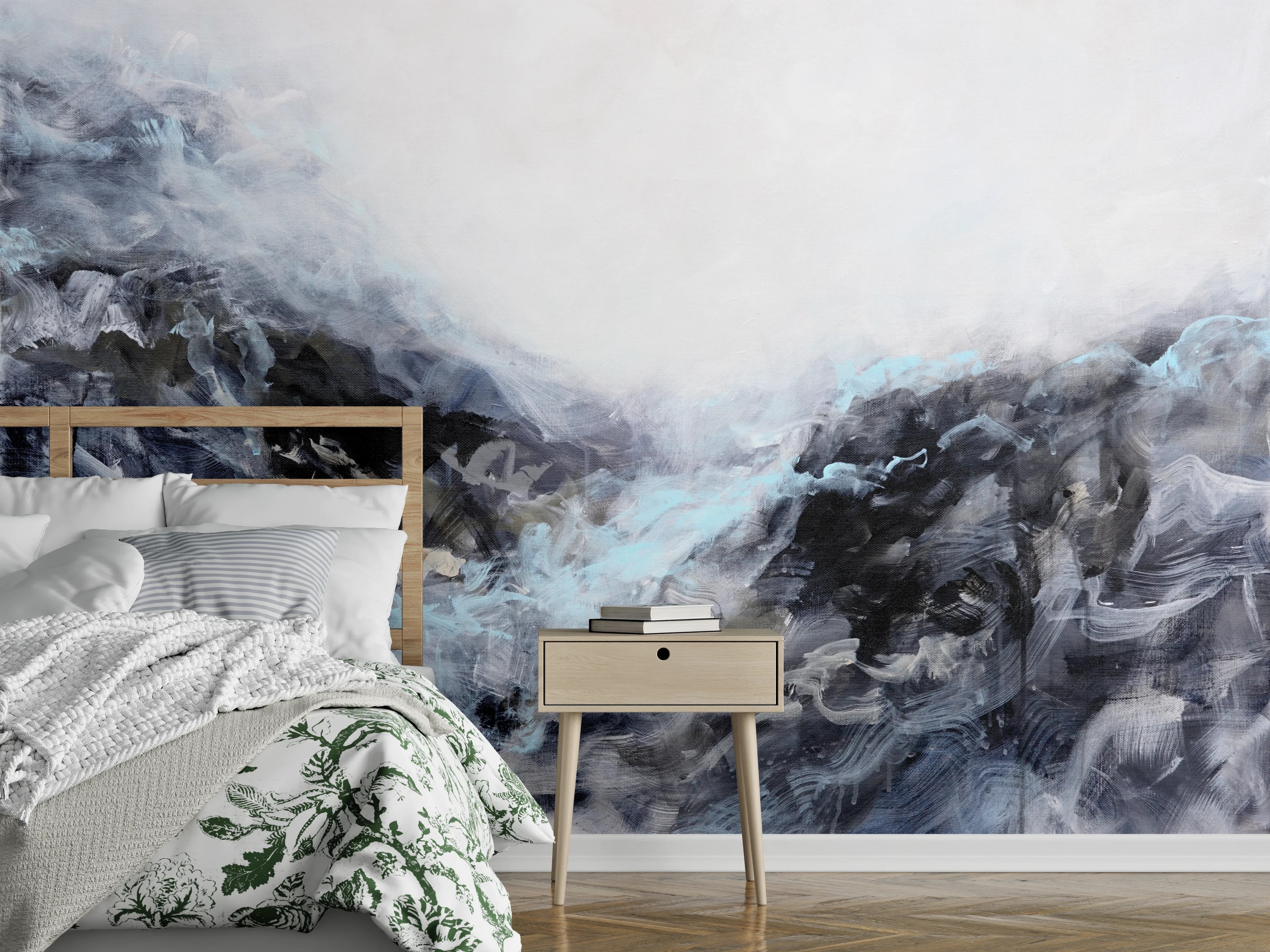 Wandverkleidung Schlafzimmer - Weiße Berglandschaft mit kühlem Farbenspiel