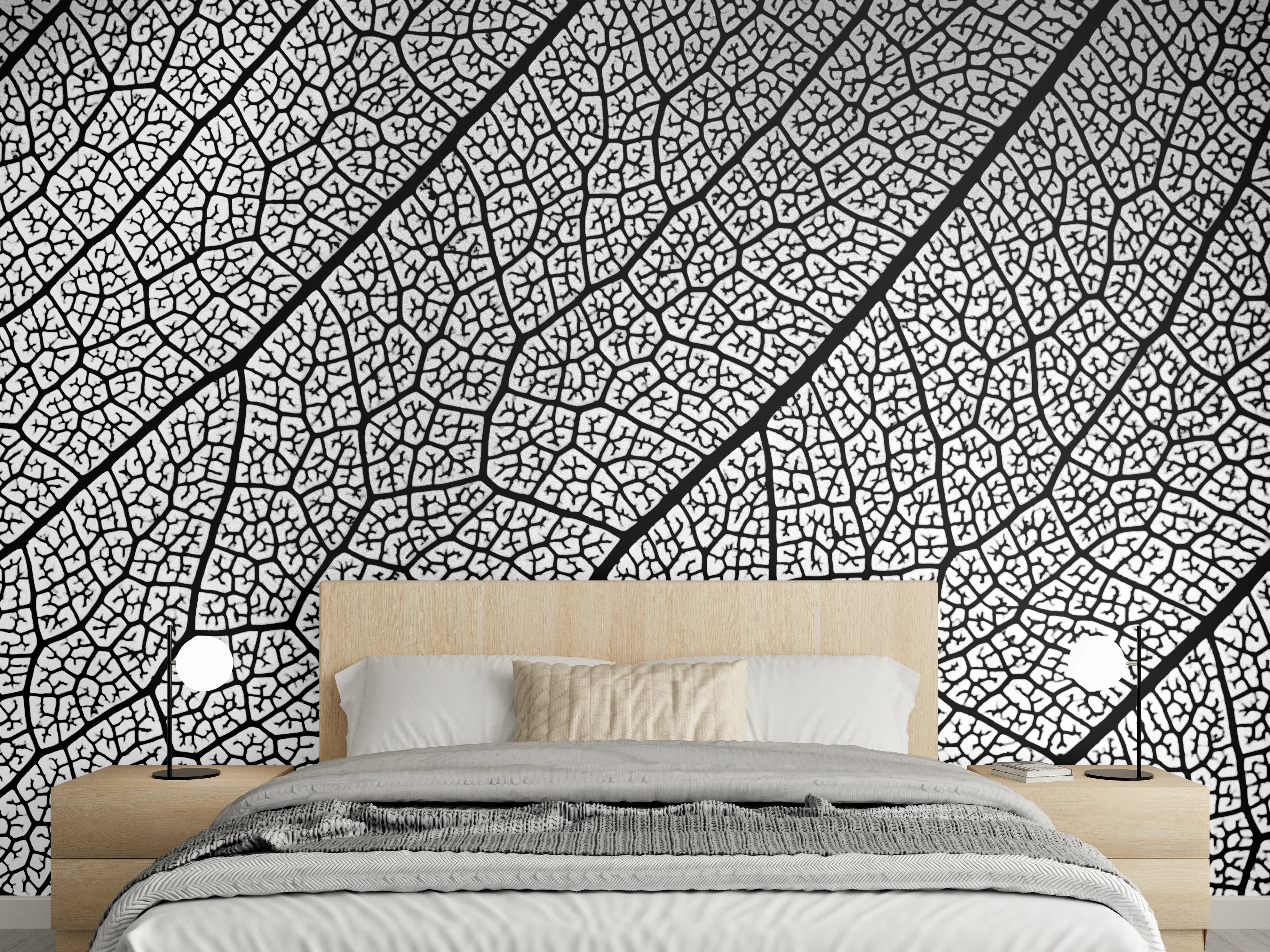 Wandverkleidung Schlafzimmer - Weiße Blattstruktur mit schwarzen Linien