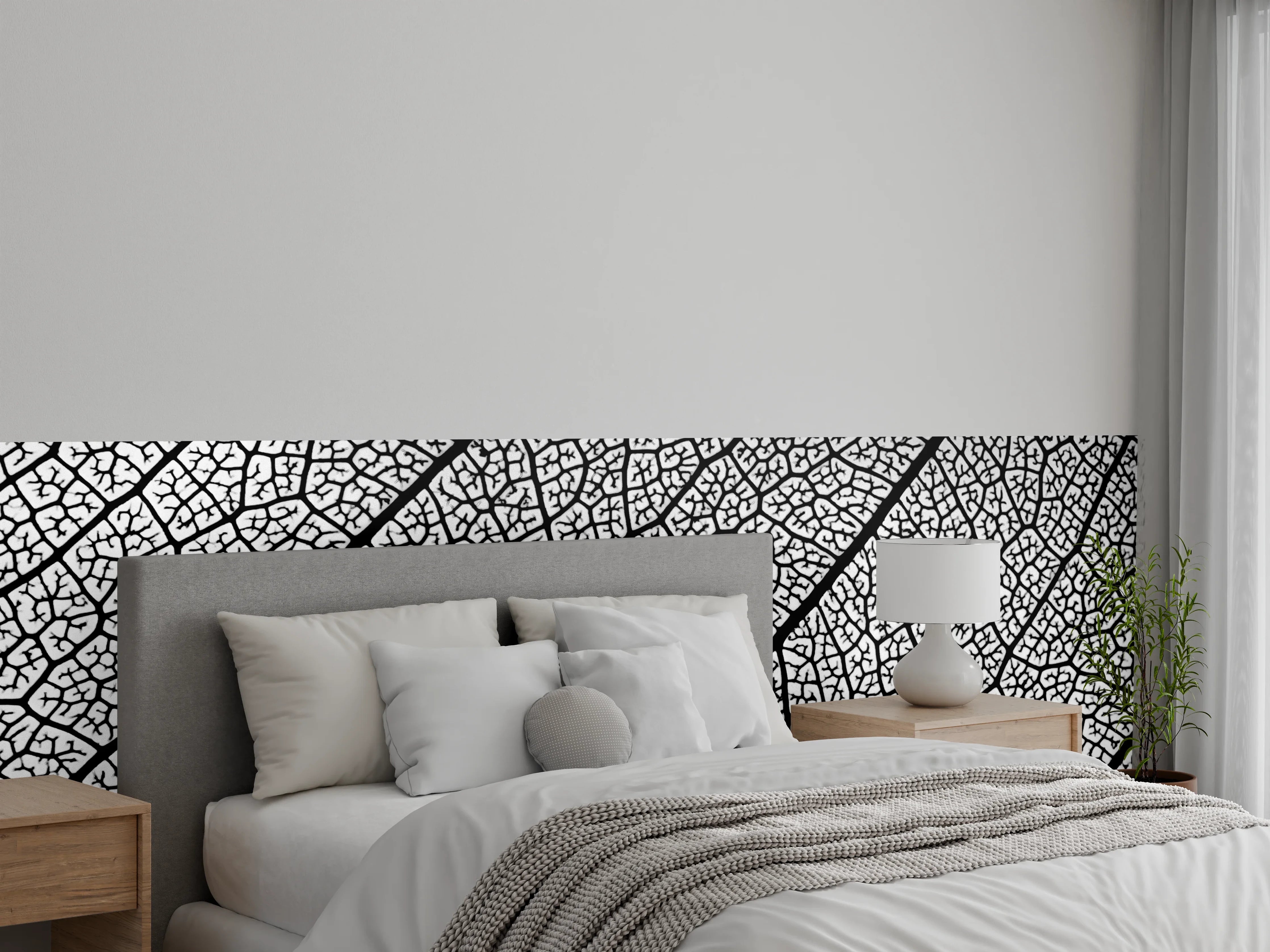 Wandverkleidung Schlafzimmer - Weiße Blattstruktur mit schwarzen Linien