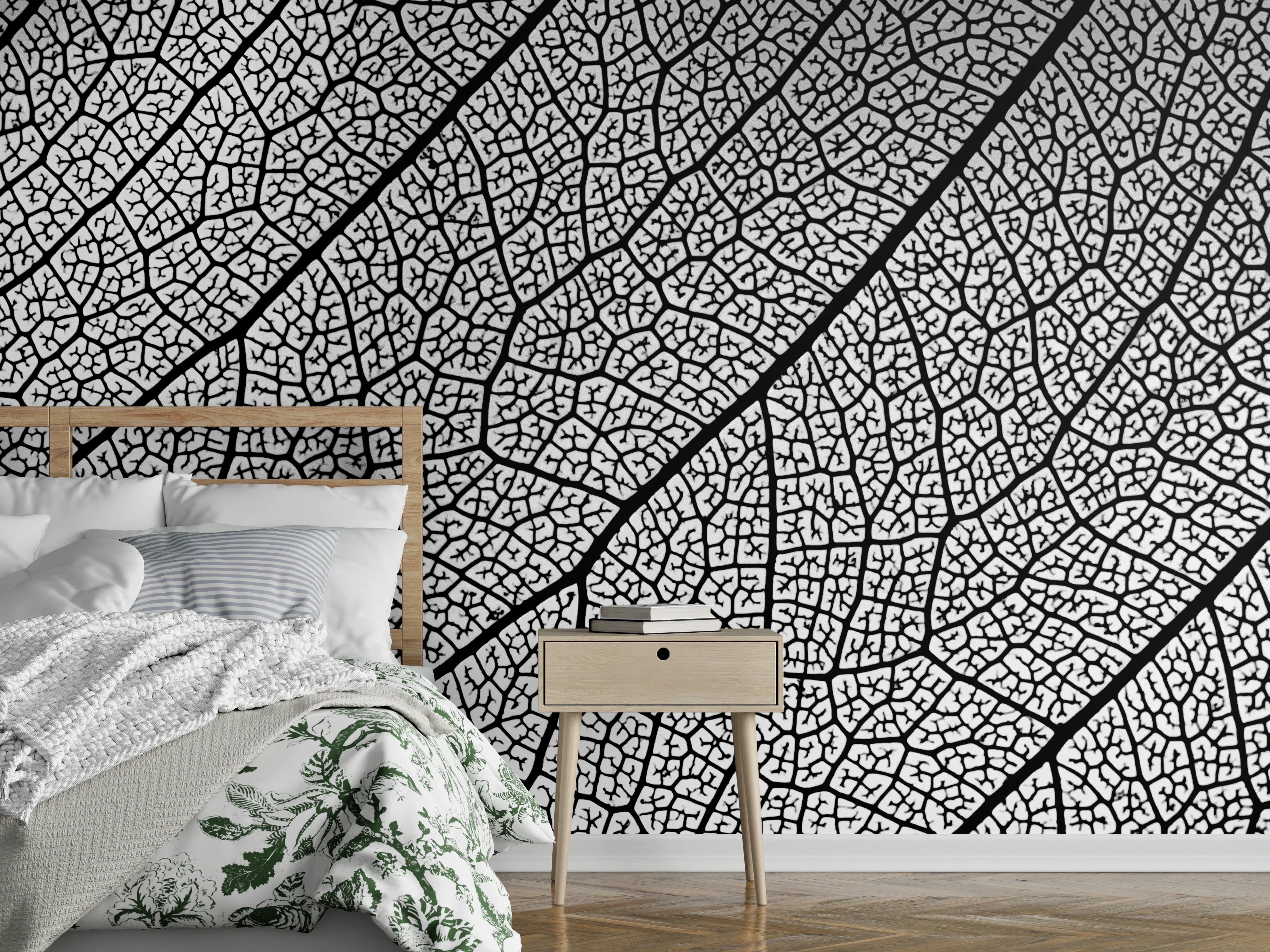 Wandverkleidung Schlafzimmer - Weiße Blattstruktur mit schwarzen Linien