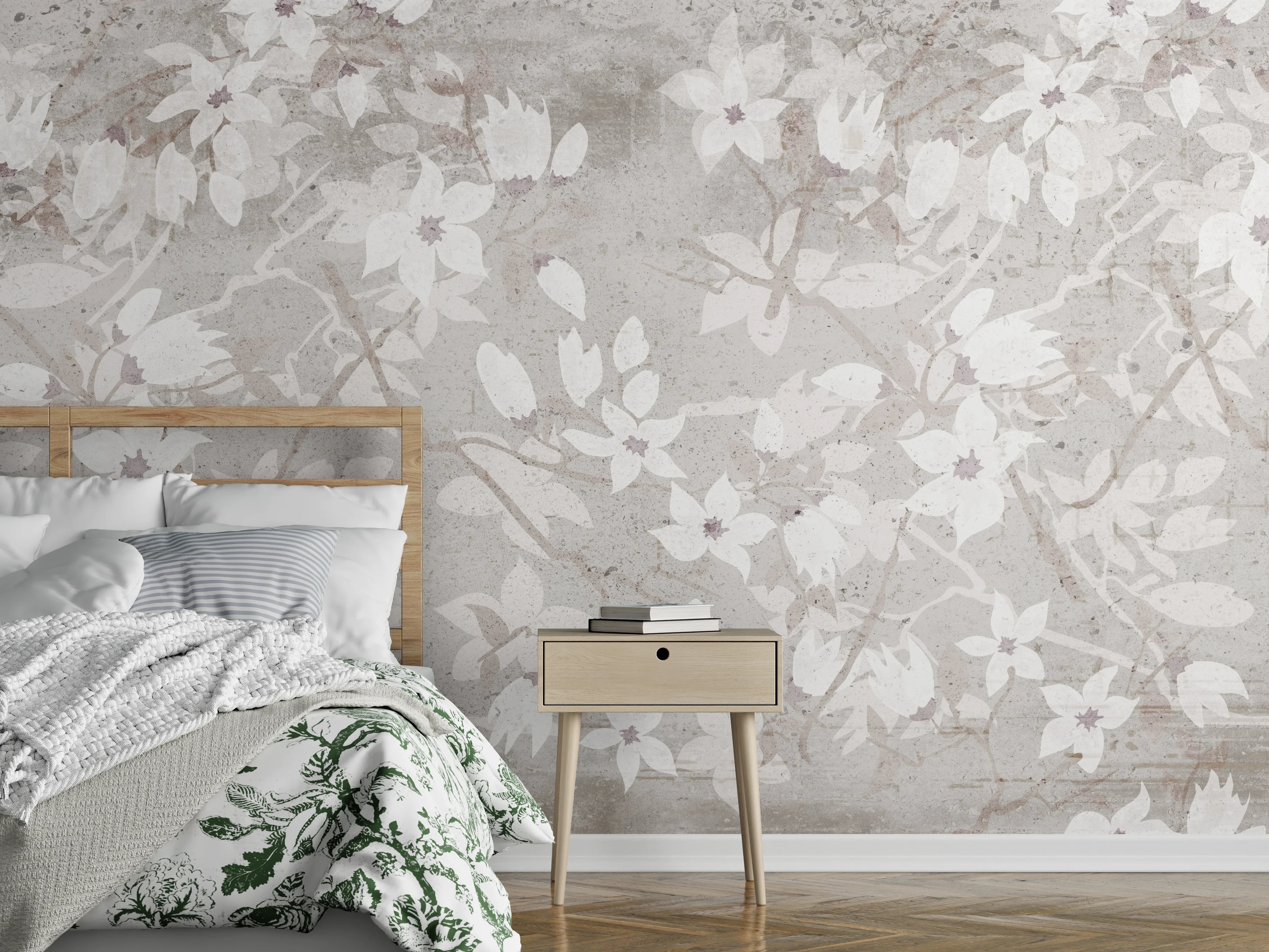 Wandverkleidung Schlafzimmer - Weiße Blumen auf altem grauem Hintergrund