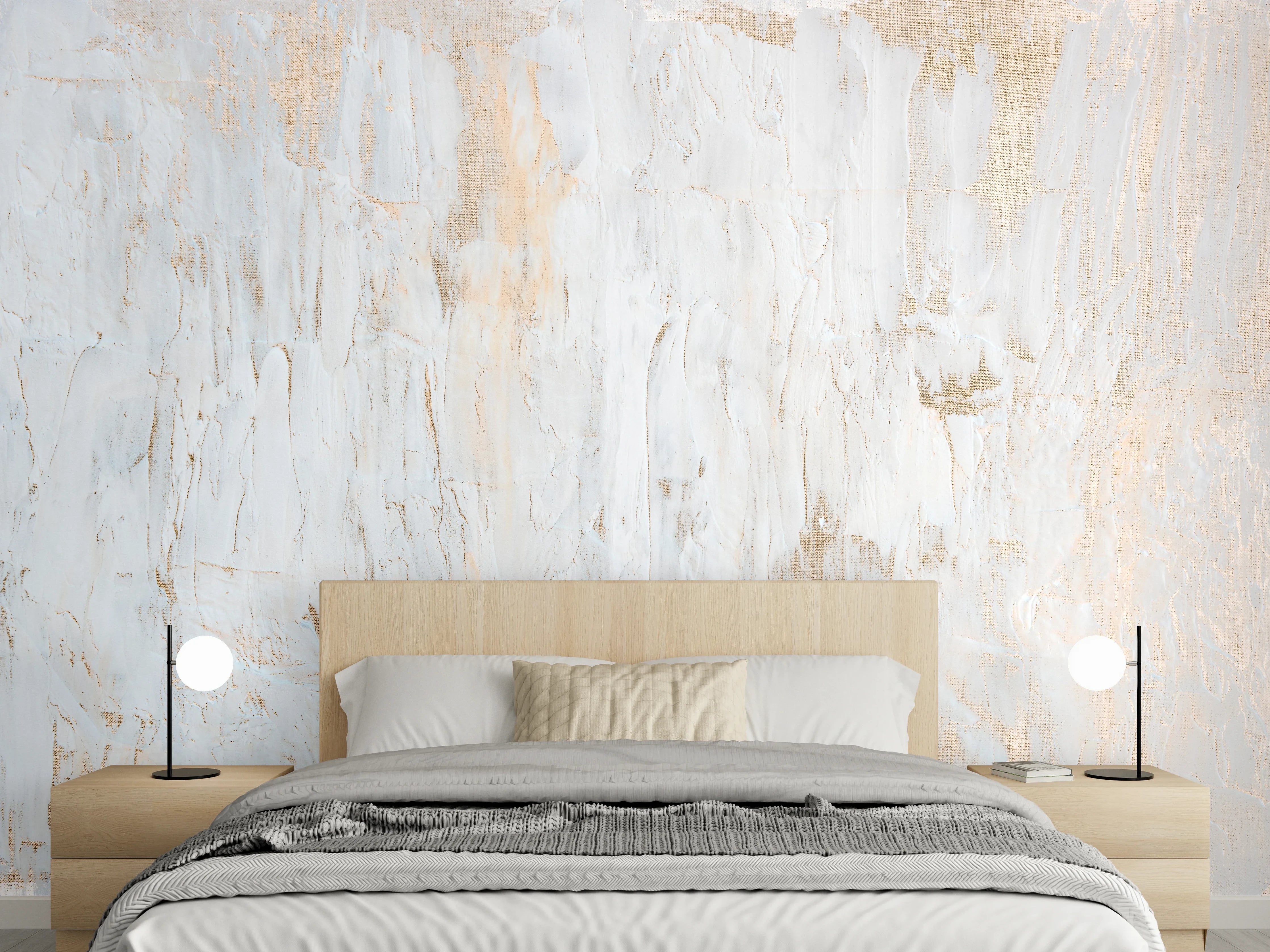 Wandverkleidung Schlafzimmer - Weiße Gipsstruktur mit warmen Akzenten