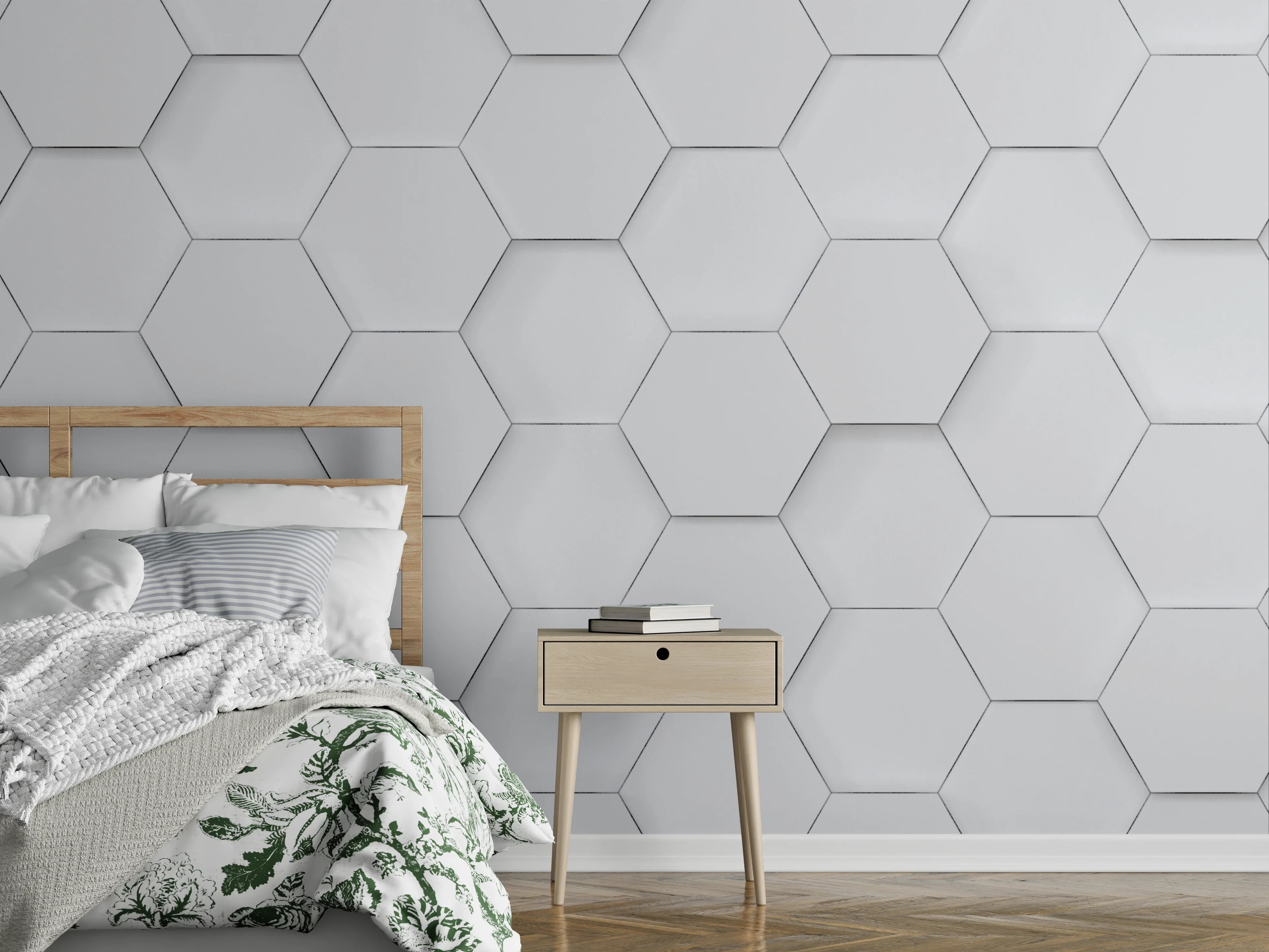 Wandverkleidung Schlafzimmer - Weiße Hexagon-Fliesen mit dezenter Musterung