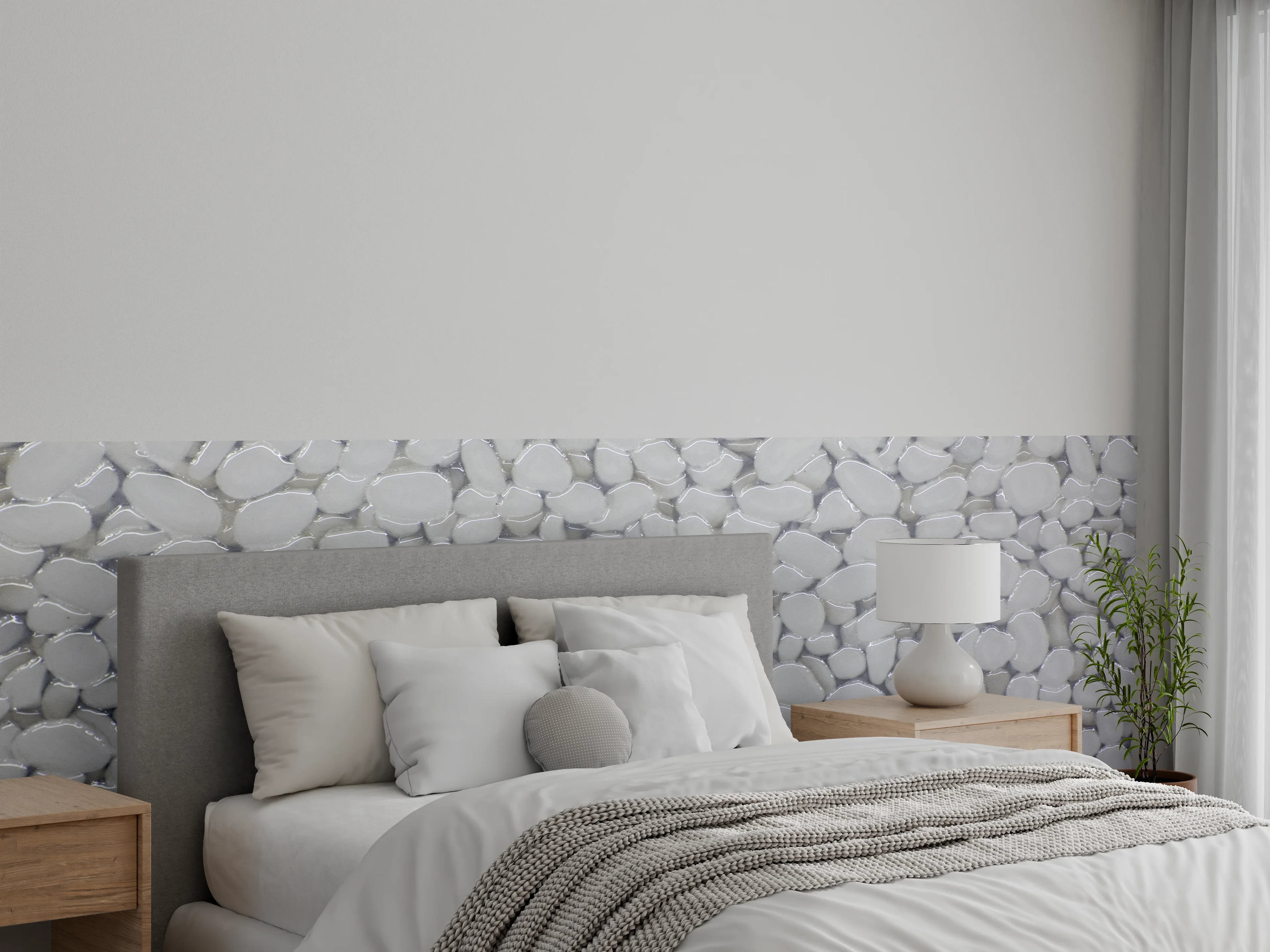 Wandverkleidung Schlafzimmer - Weiße Kiesel mit sanften Grau-Tönen