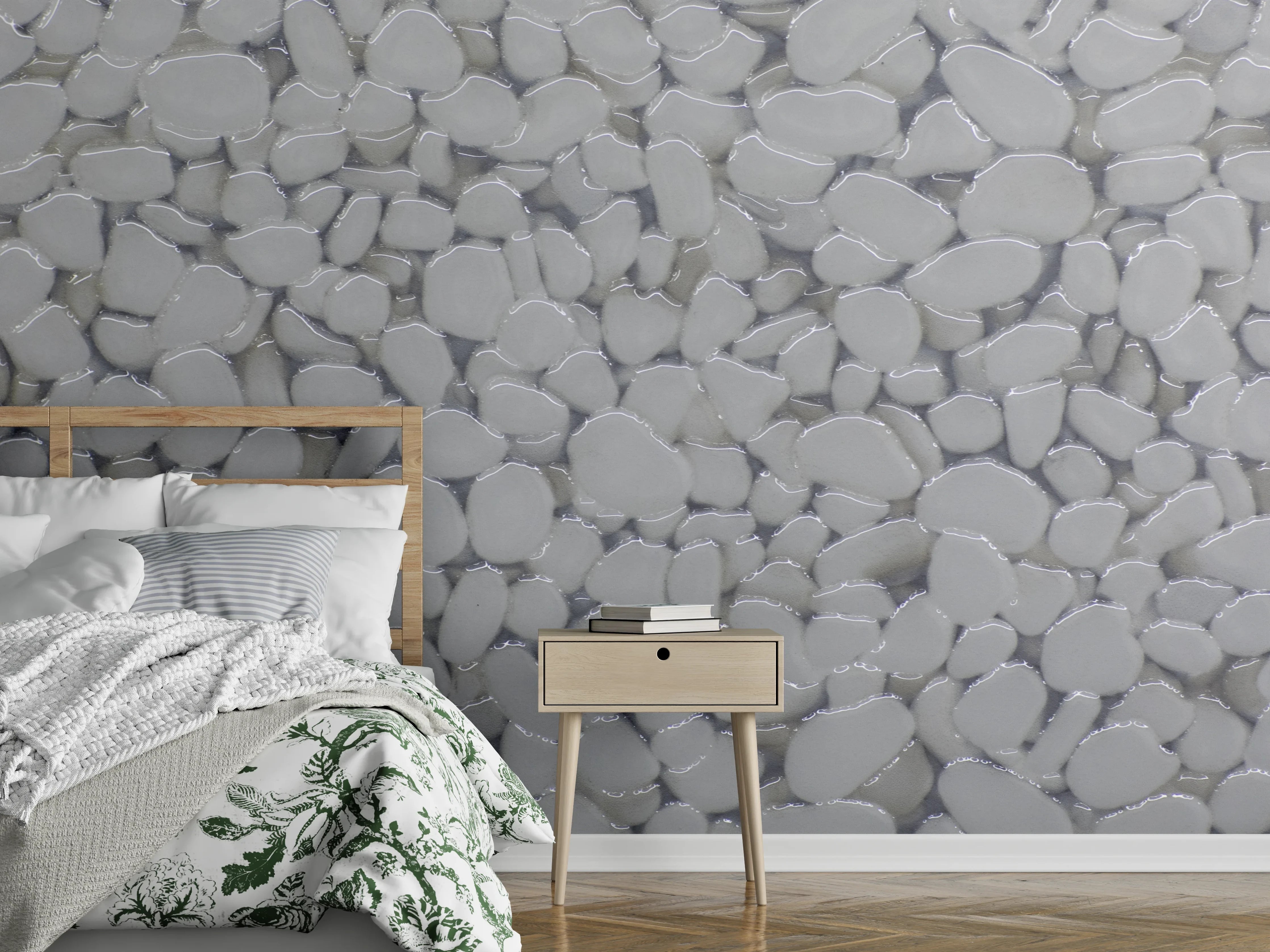 Wandverkleidung Schlafzimmer - Weiße Kiesel mit sanften Grau-Tönen