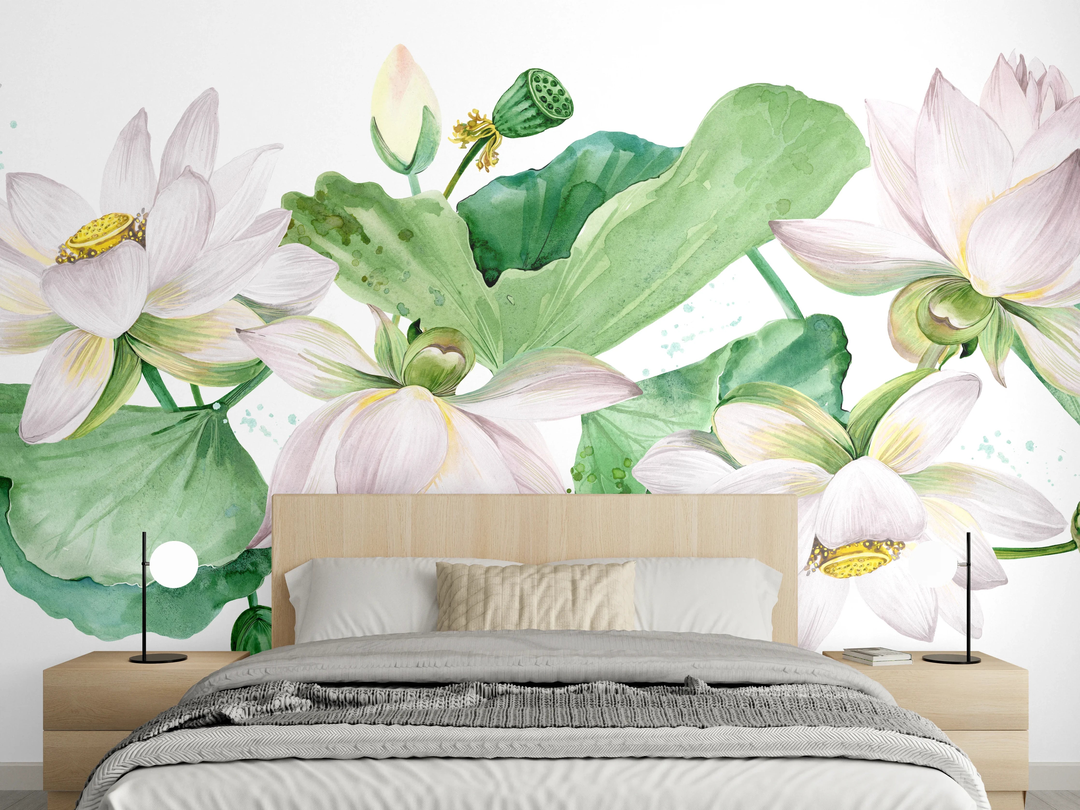 Wandverkleidung Schlafzimmer - Weiße Lotusblumen - nahtlose Muster